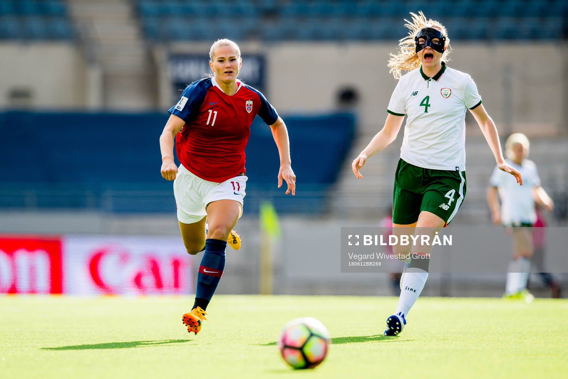 Lisa-Marie Karlseng Utland of Norway and Louise Quinn of Ireland during the FIFA Women's World Cup Qualifier match between Norway and the Republic of Ireland on June 12, 2018 in Stavanger.