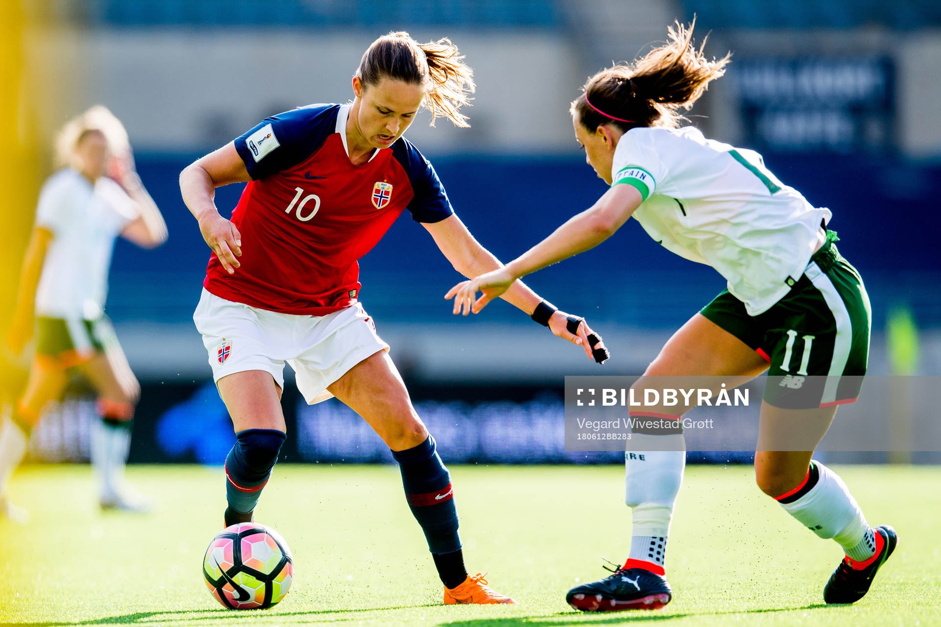 Caroline Graham Hansen of Norway and Katie McCabe of Ireland during the FIFA Women's World Cup Qualifier match between Norway and the Republic of Ireland on June 12, 2018 in Stavanger.