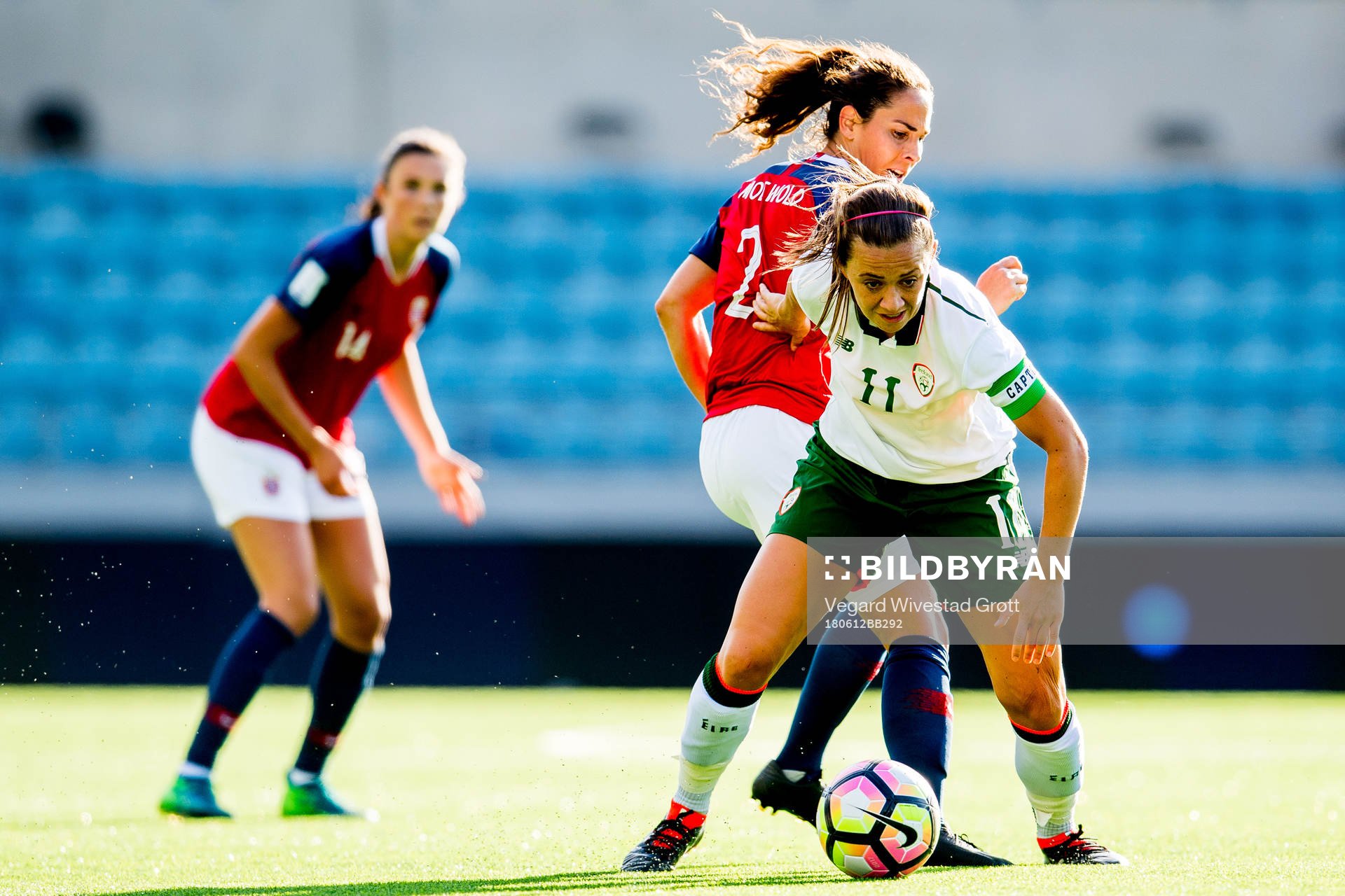 Ingrid Moe Wold of Norway and Katie McCabe of Ireland during the FIFA Women's World Cup Qualifier match between Norway and the Republic of Ireland on June 12, 2018 in Stavanger.