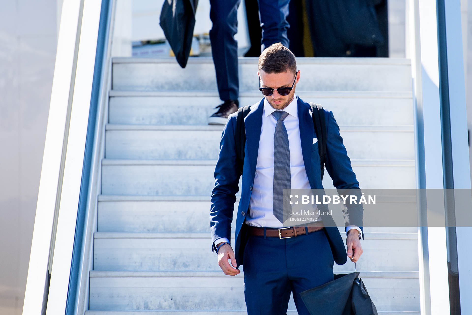 Marcus Berg of Sweden disembarks the plane when the Swedish