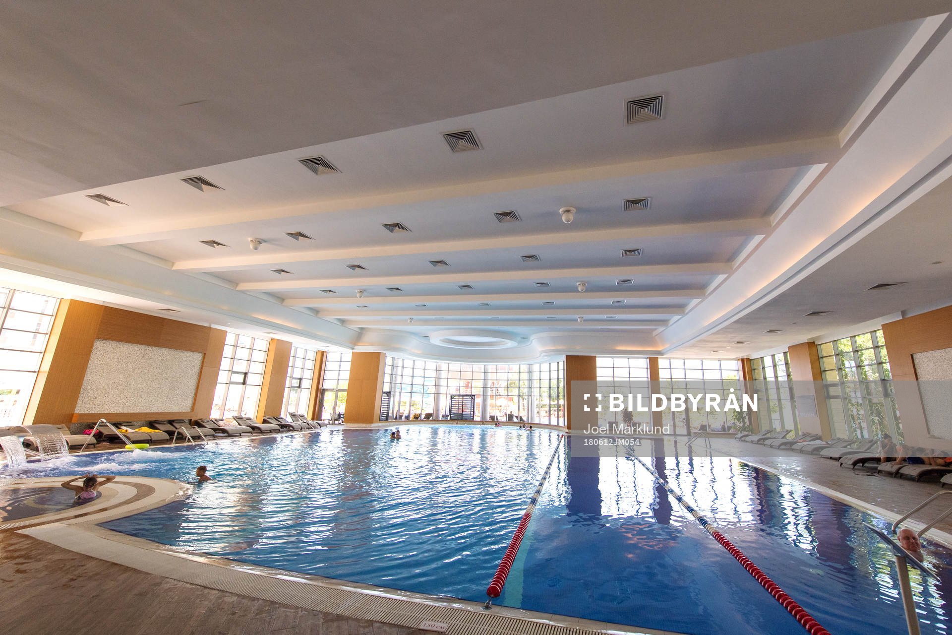 An inside swimming pool at the Kempinski Hotel