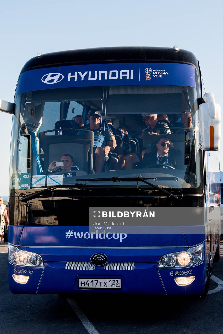 The Swedish team bus with head coach Janne Andersson of