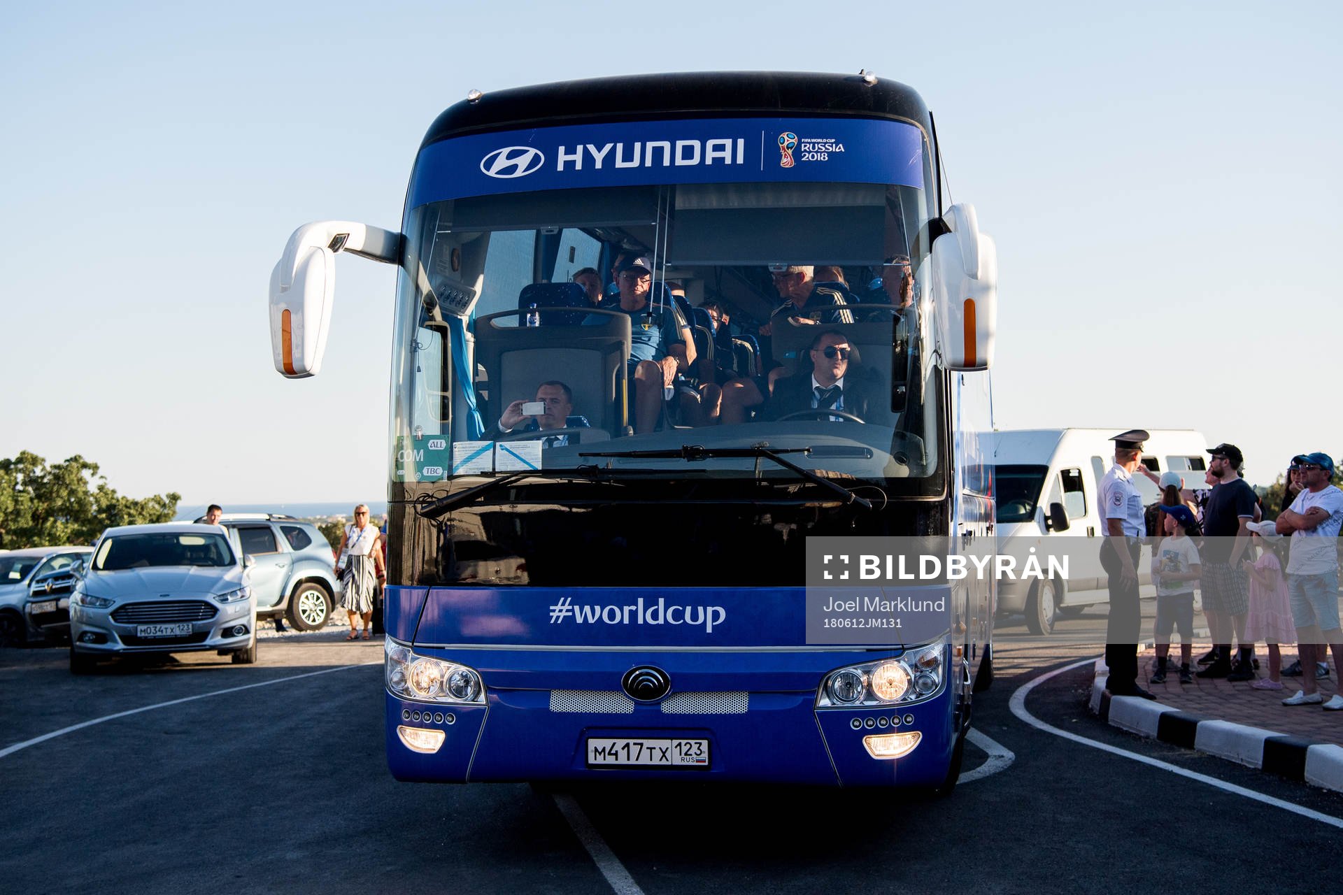 The Swedish team bus with head coach Janne Andersson of