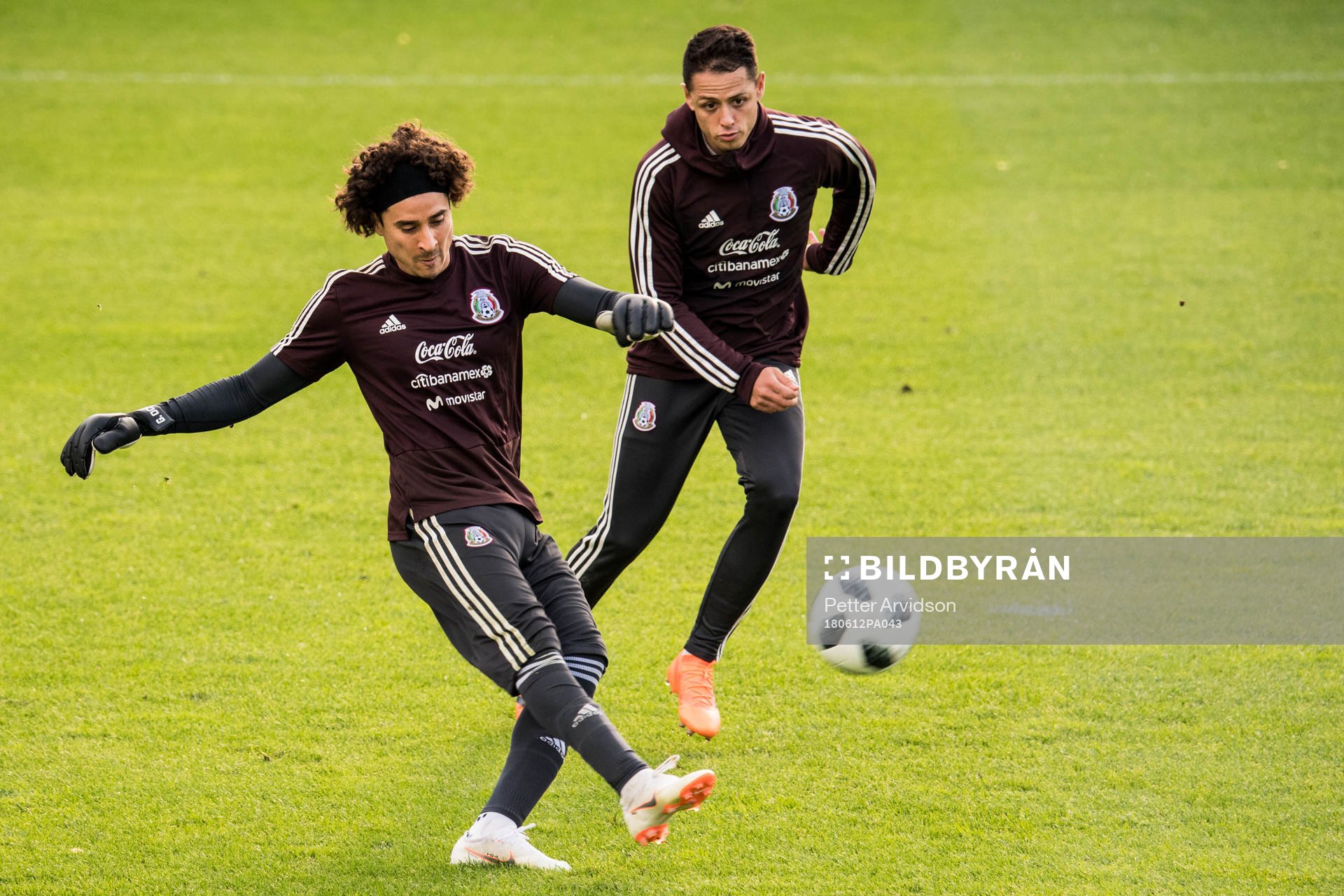 Goalkeeper Guillermo Ochoa and Javier Hernandez of Mexico