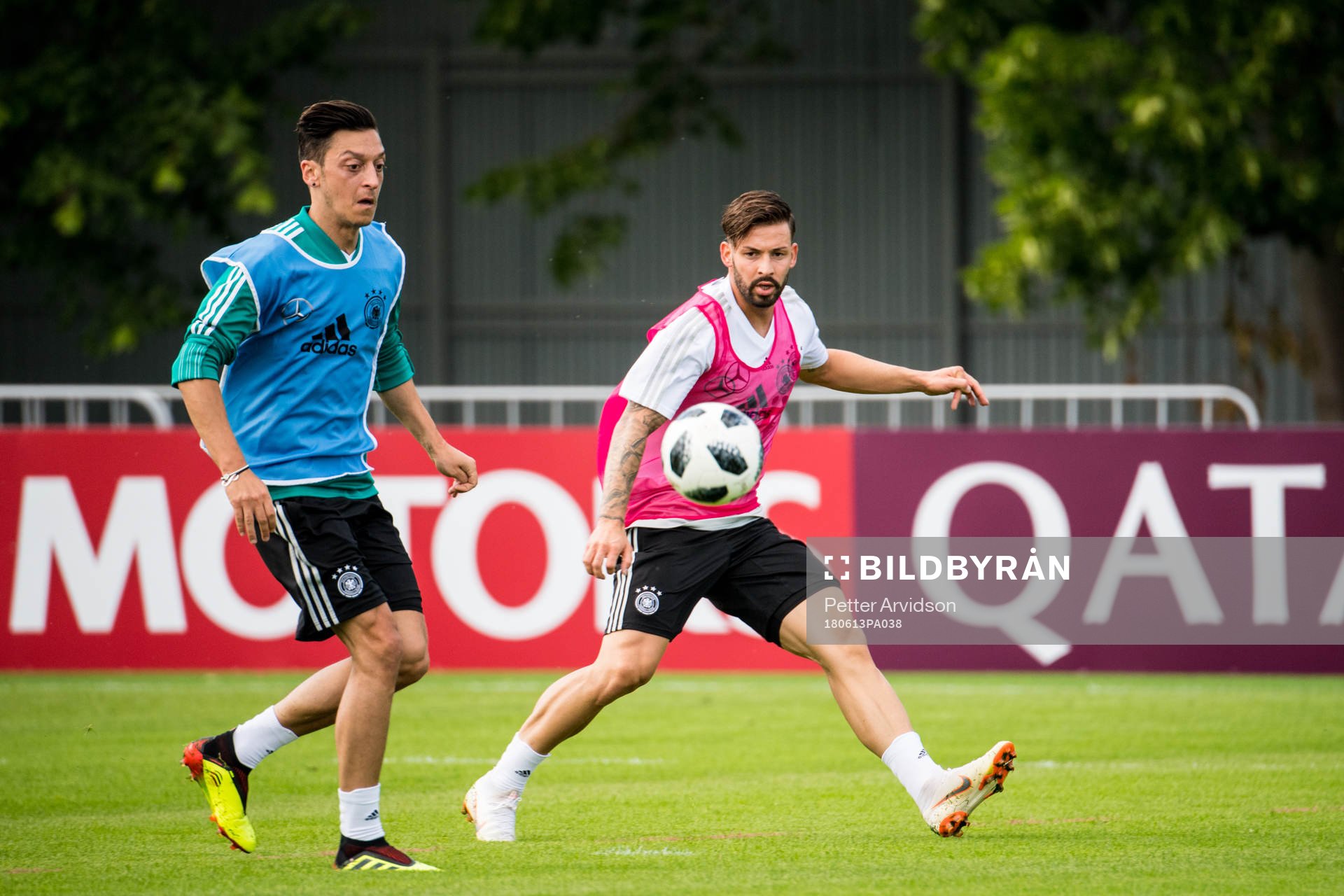 Mesut Oezil and Marvin Plattenhardt of Germany during a practice session ahead of the 2018 FIFA World Cup on June 13, 2018 in Moscow.