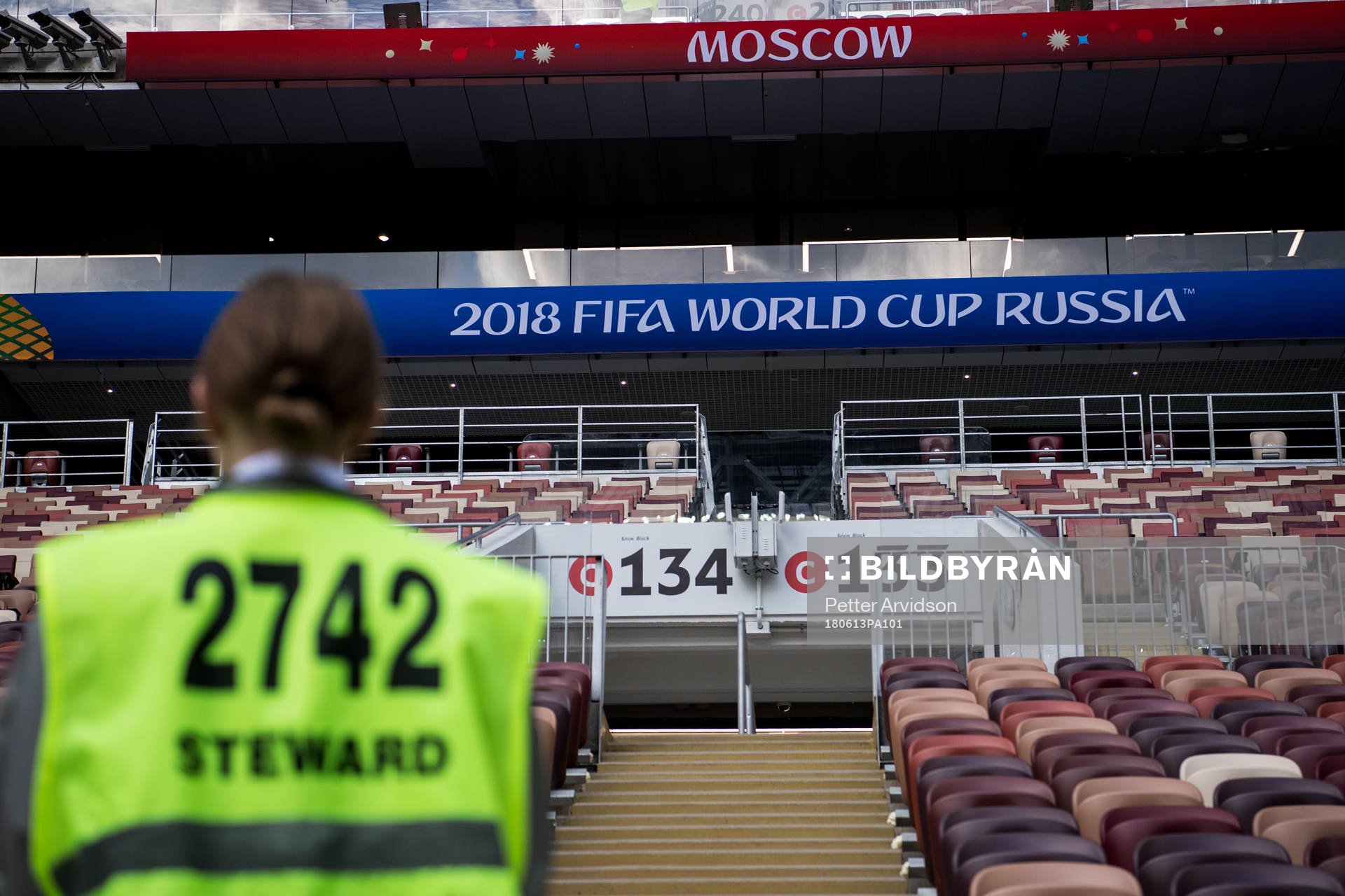 A steward in the stands at Luzhniki Stadium