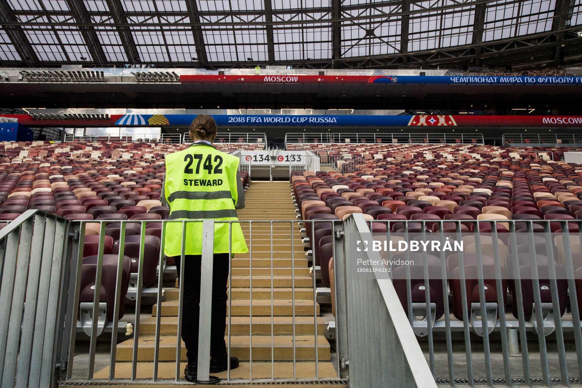 A steward in the stands at Luzhniki Stadium