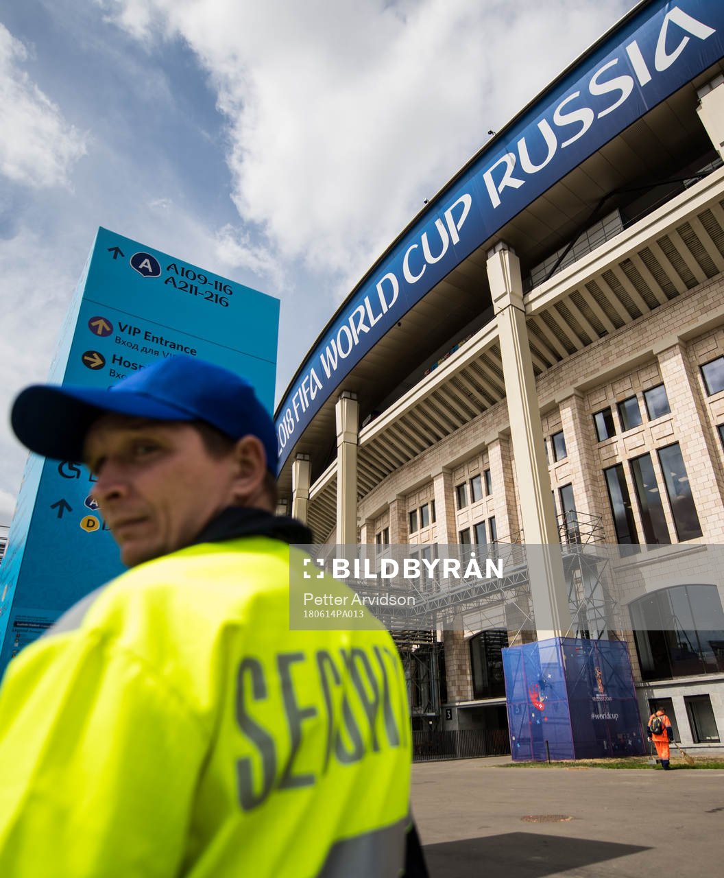 A security guard outside Luzhniki Stadium prior the FIFA