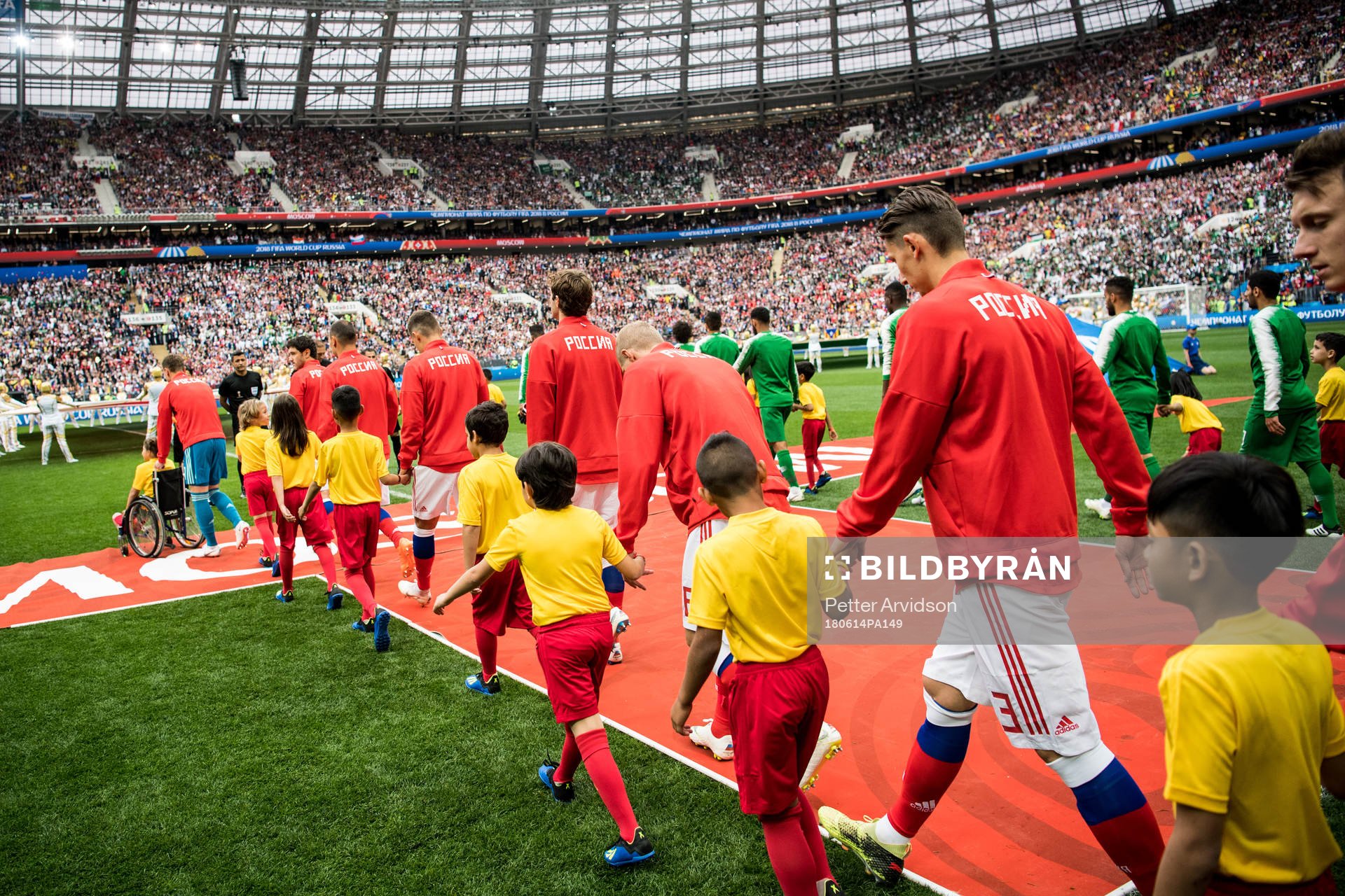 The players enters the pitch prior the FIFA World Cup group