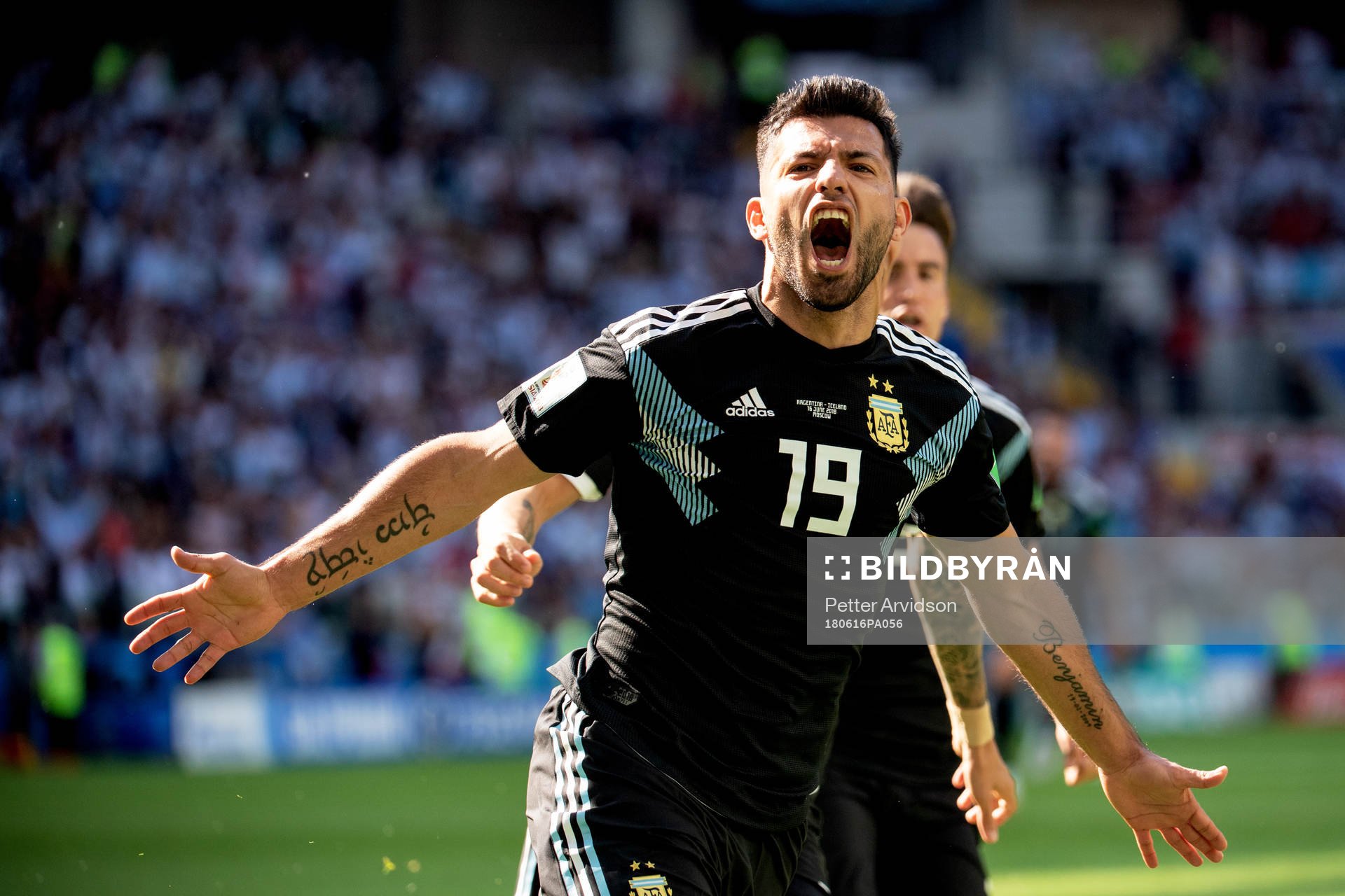 Sergio Aguero of Argentina celebrates after scoring 1-0 during the FIFA World Cup group stage match between Argentina and Iceland on June 16, 2018 in Moscow.