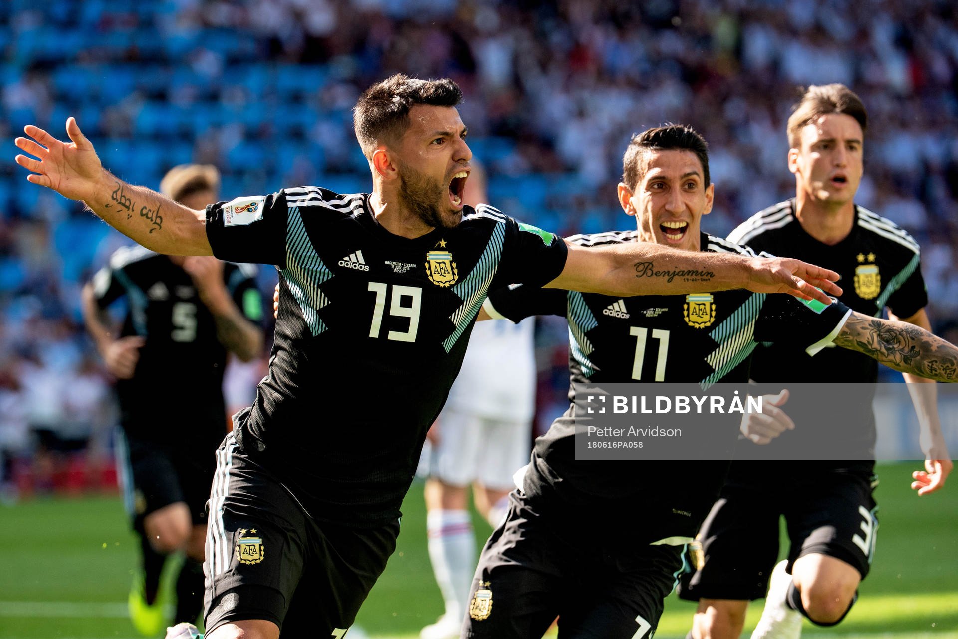 Sergio Aguero of Argentina celebrates with teammates after scoring 1-0 the FIFA World Cup group stage match between Argentina and Iceland on June 16, 2018 in Moscow.