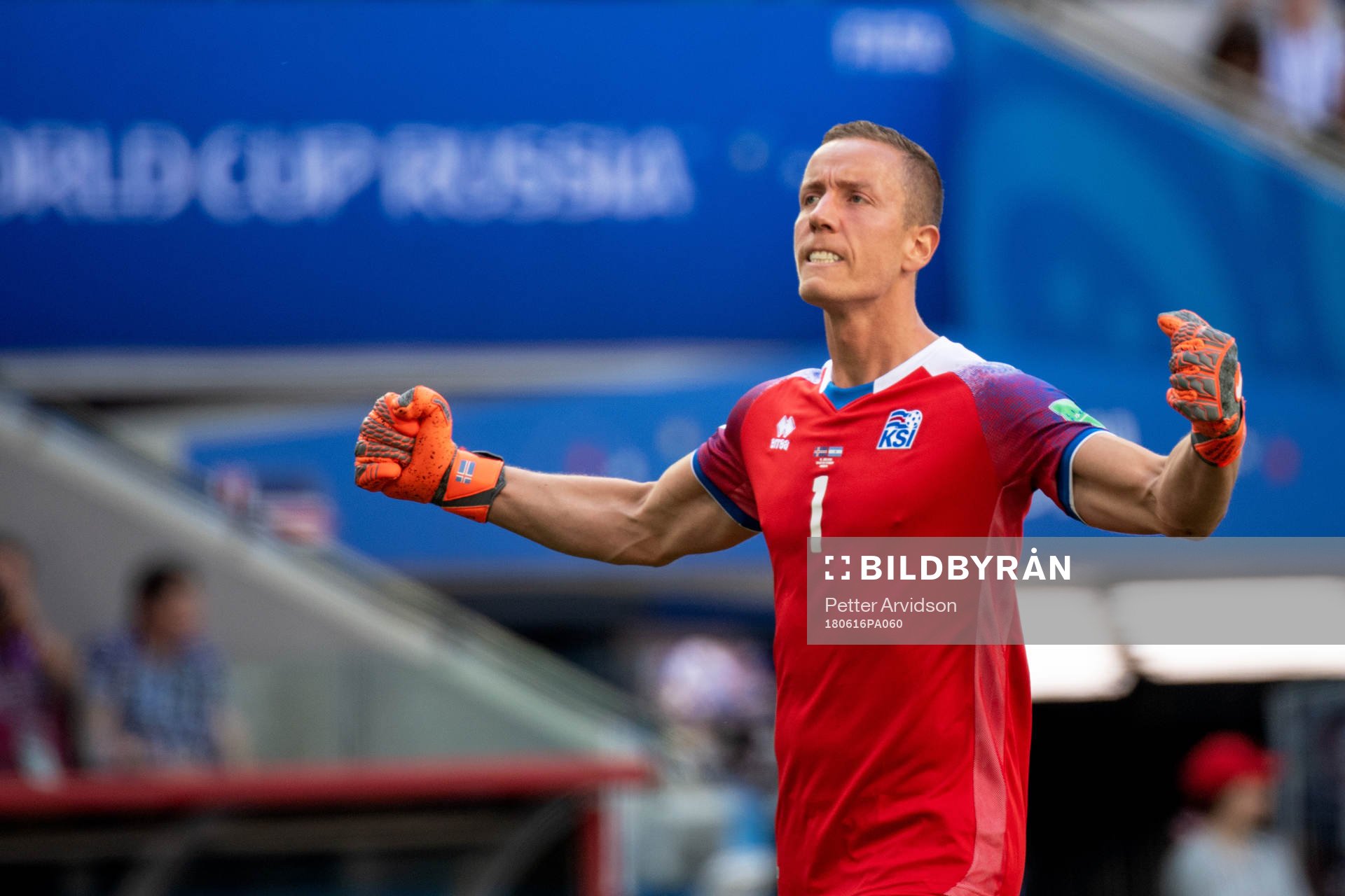 goalkeeper Hannes Halldorsson of Iceland celebrates after 1-1 during the FIFA World Cup group stage match between Argentina and Iceland on June 16, 2018 in Moscow.
