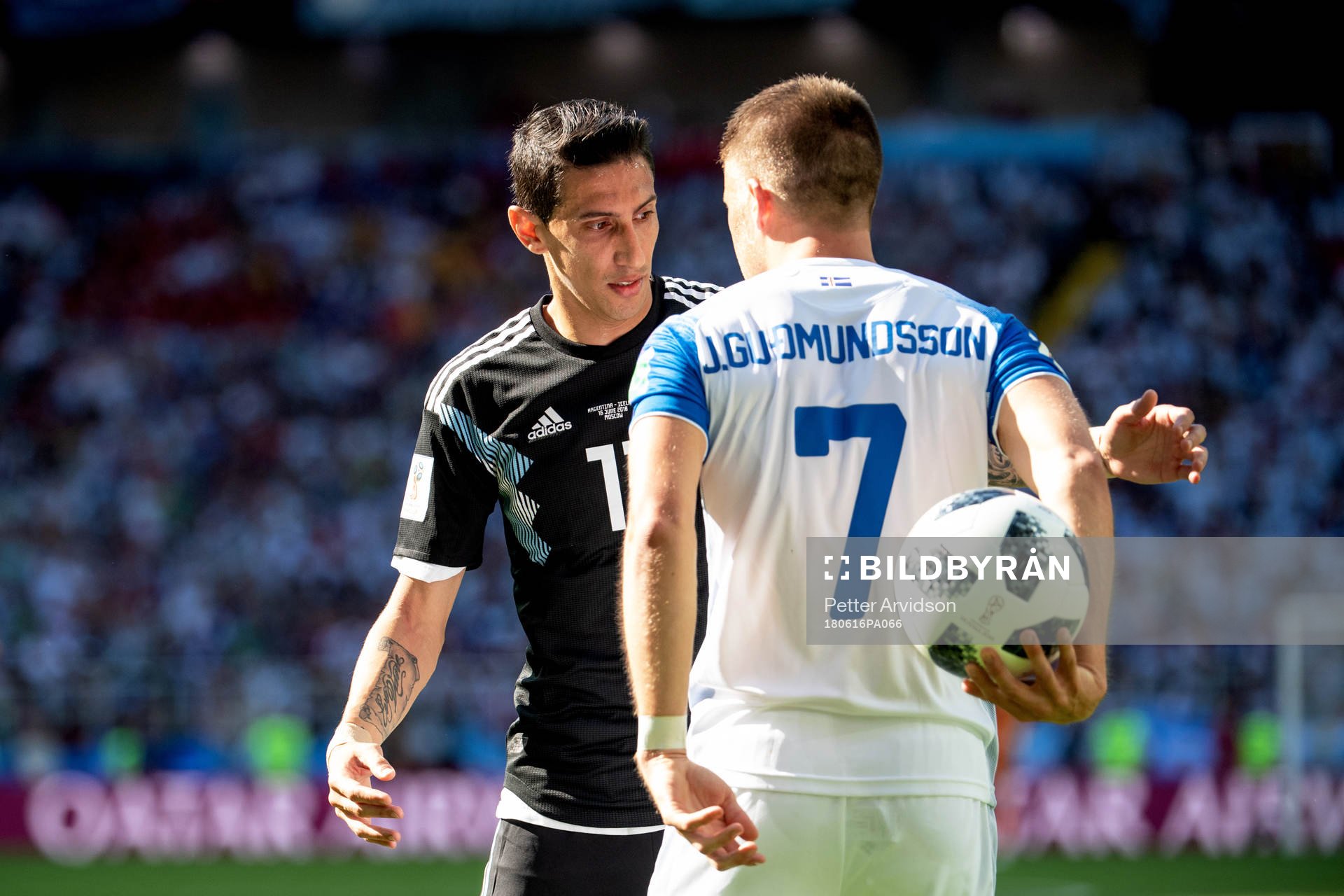 Angel Di Maria of Argentina and Johann Gudmundsson of