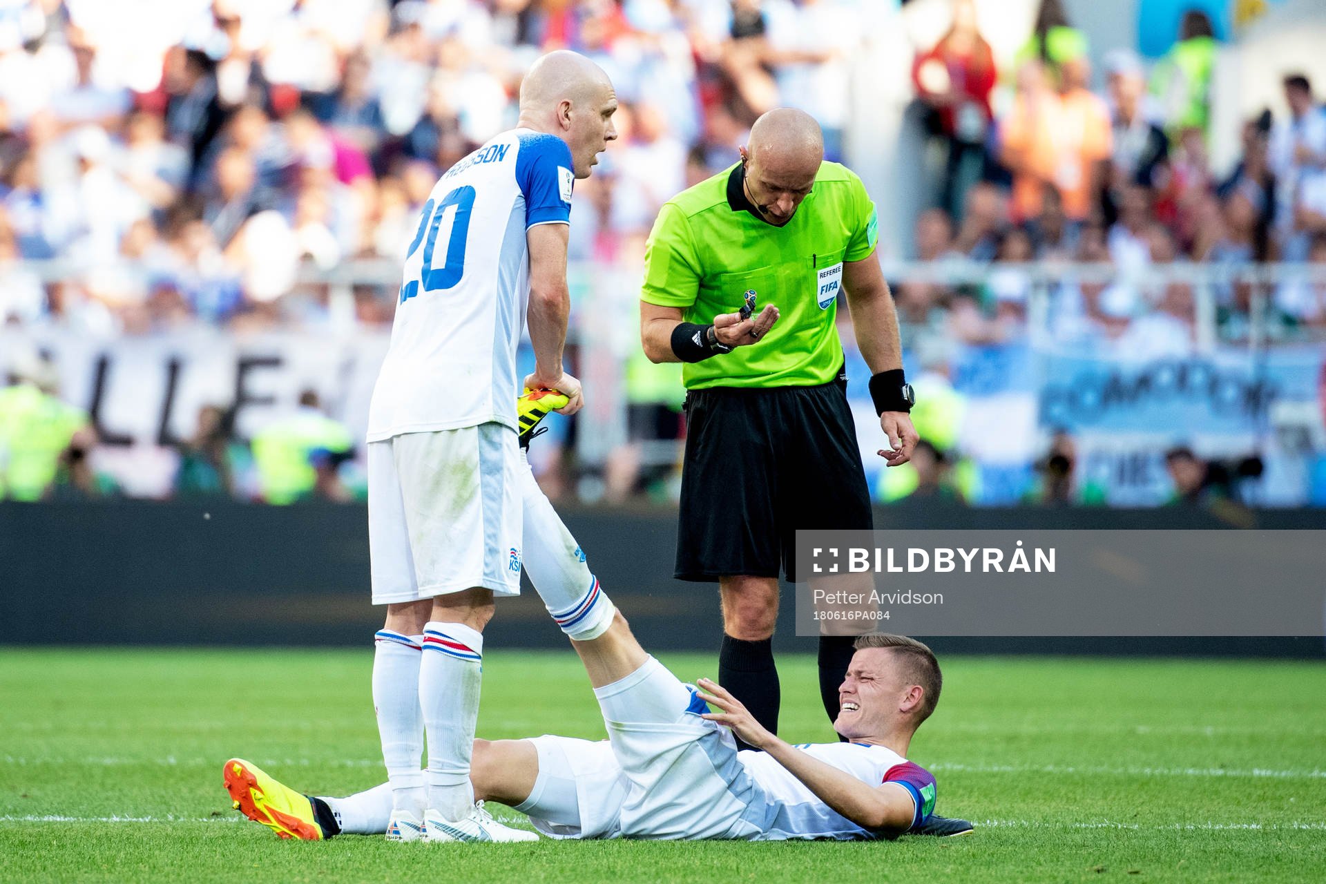 Alfred Finnbogason of Iceland is in pain