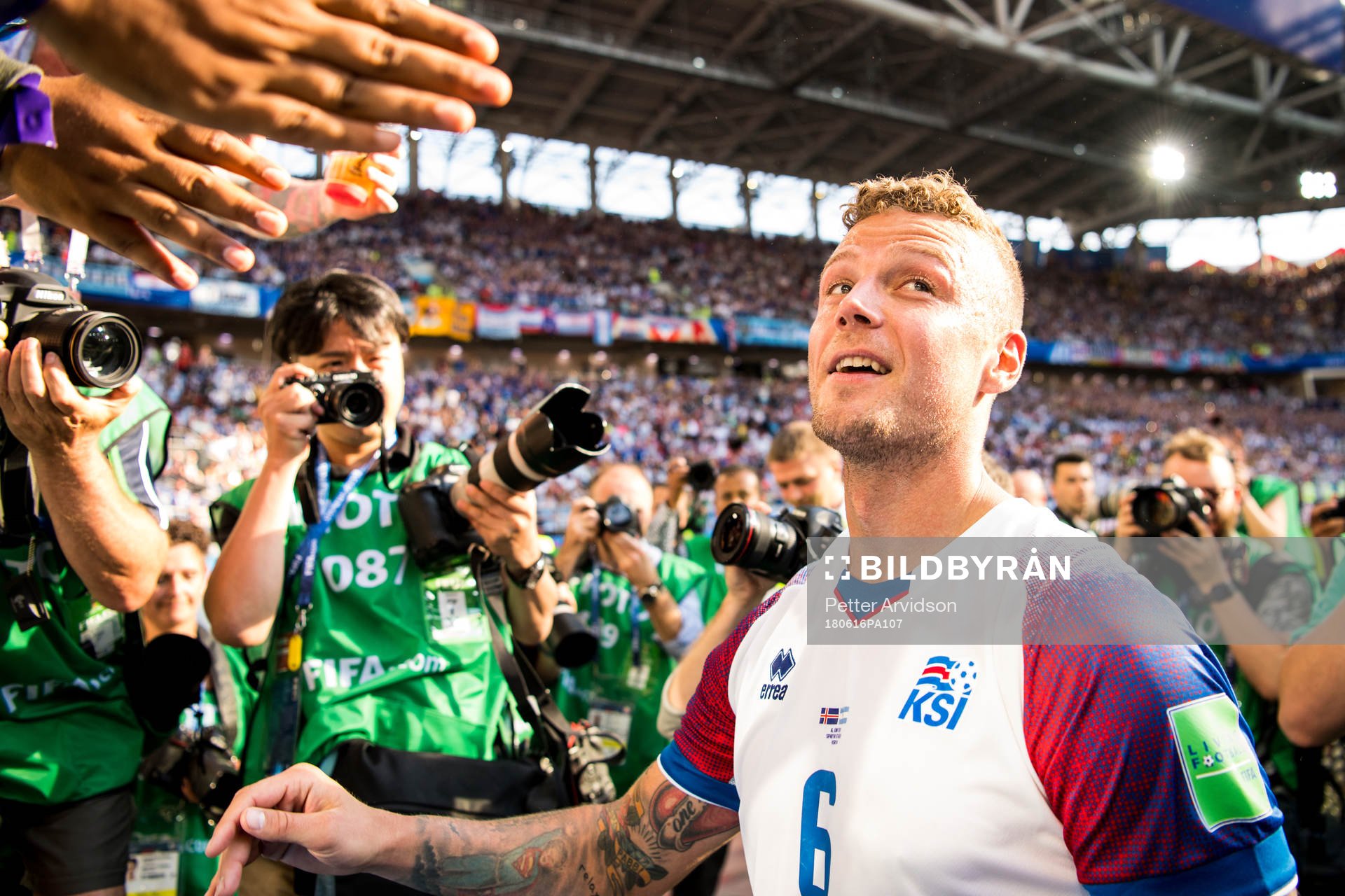 Ragnar Sigurdsson of Iceland celebrates with fans
