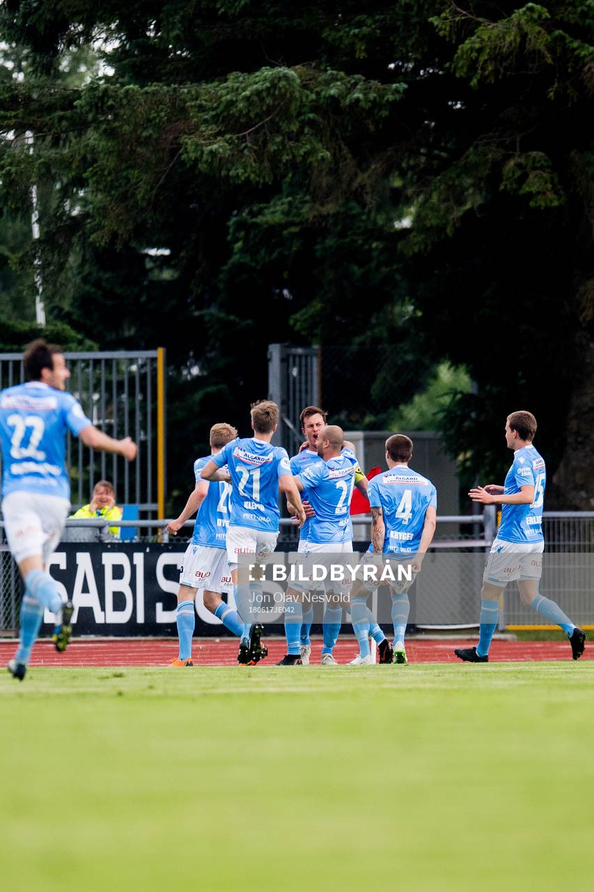 Niels Vorthoren of Sandnes Ulf celebrates with his teammates after scoring 1-0 during the OBOS-ligaen match between Sandnes Ulf and Aalesund on June 17, 2018 in Sandnes.
