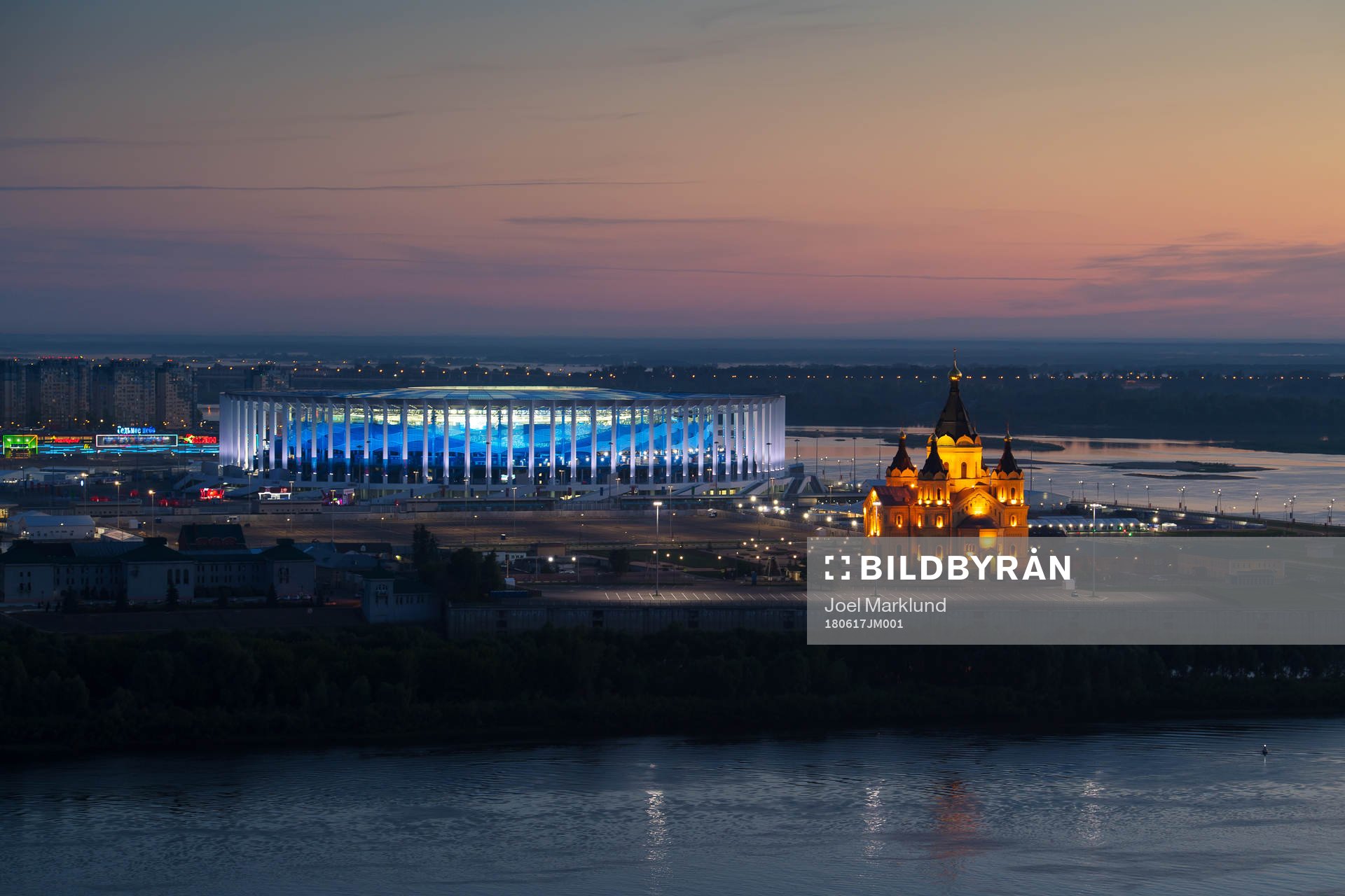 Exterior view of Nizhny Novgorod Stadium and Alexander Nevsky Cathedral during the FIFA World Cup on June 17, 2018 in Nizhny Novgorod.