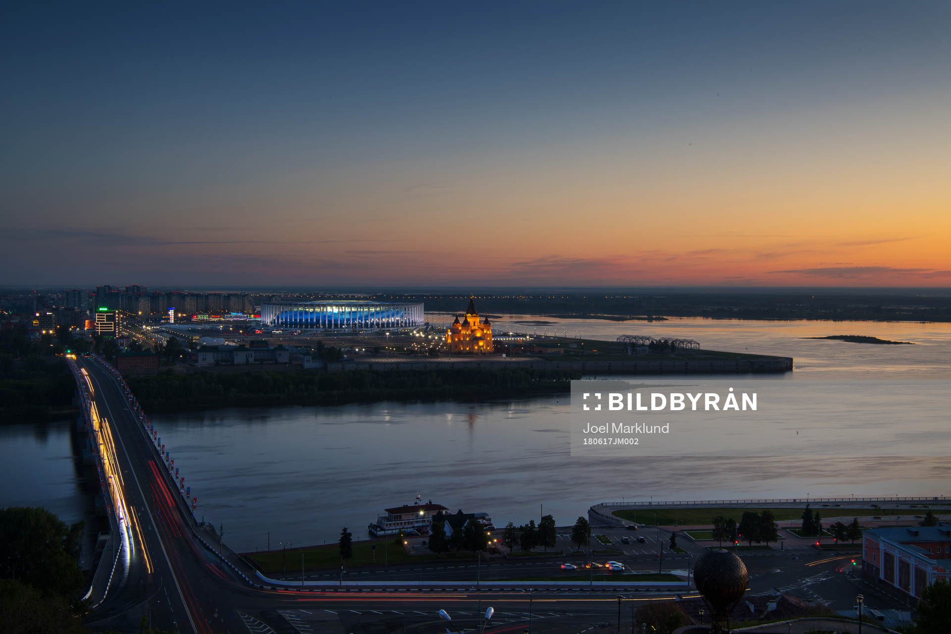 Exterior view of Nizhny Novgorod Stadium and Alexander Nevsky Cathedral during the FIFA World Cup on June 17, 2018 in Nizhny Novgorod.