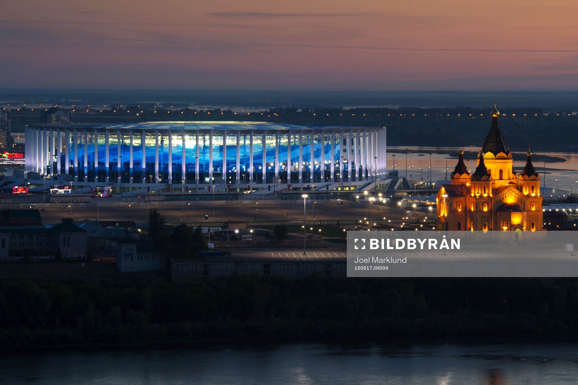 Exterior view of Nizhny Novgorod Stadium and Alexander Nevsky Cathedral during the FIFA World Cup on June 17, 2018 in Nizhny Novgorod.
