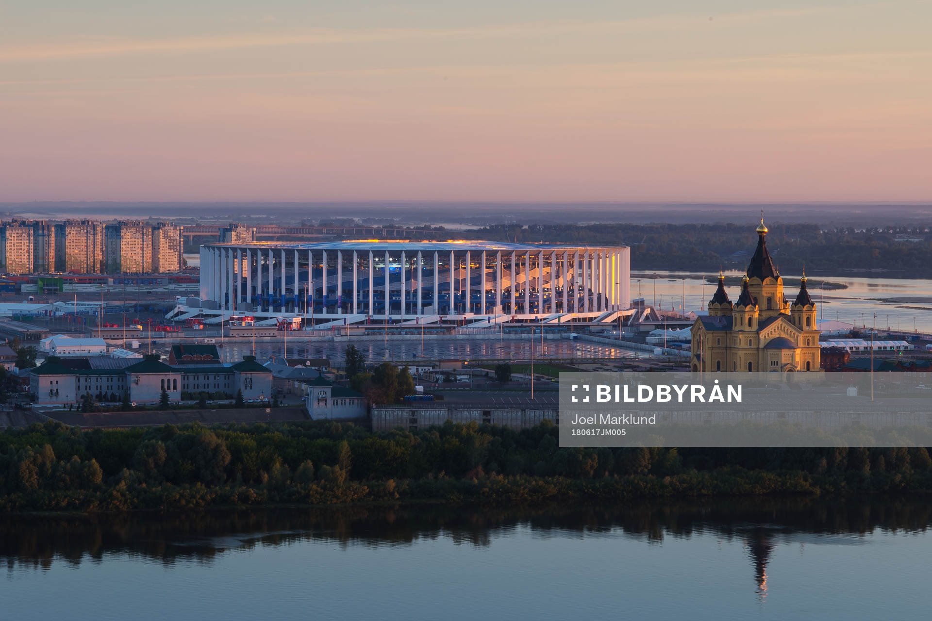 Exterior view of Nizhny Novgorod Stadium and Alexander Nevsky Cathedral during the FIFA World Cup on June 17, 2018 in Nizhny Novgorod.