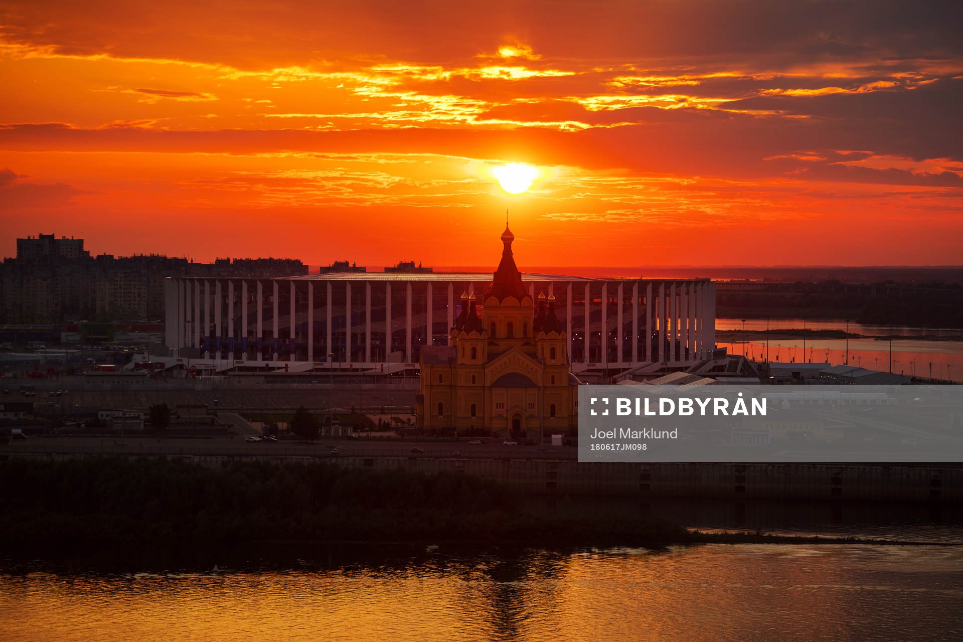 Exterior view of Nizhny Novgorod Stadium and Alexander Nevsky Cathedral at sunset during the FIFA World Cup on June 17, 2018 in Nizhny Novgorod.
