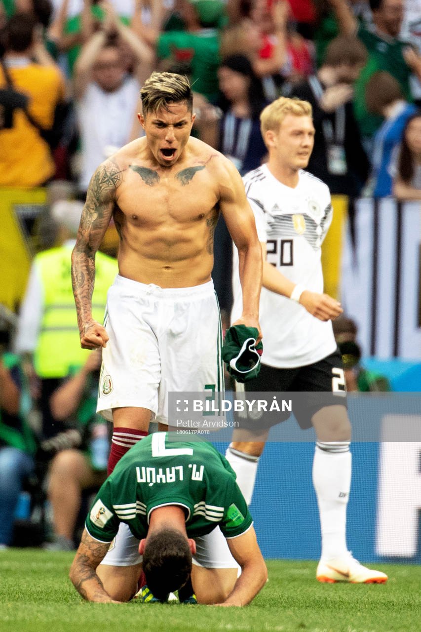 Carlos Salcedo of Mexico celebrates after the FIFA World Cup group stage match between Germany and Mexico on June 17, 2018 in Moscow.