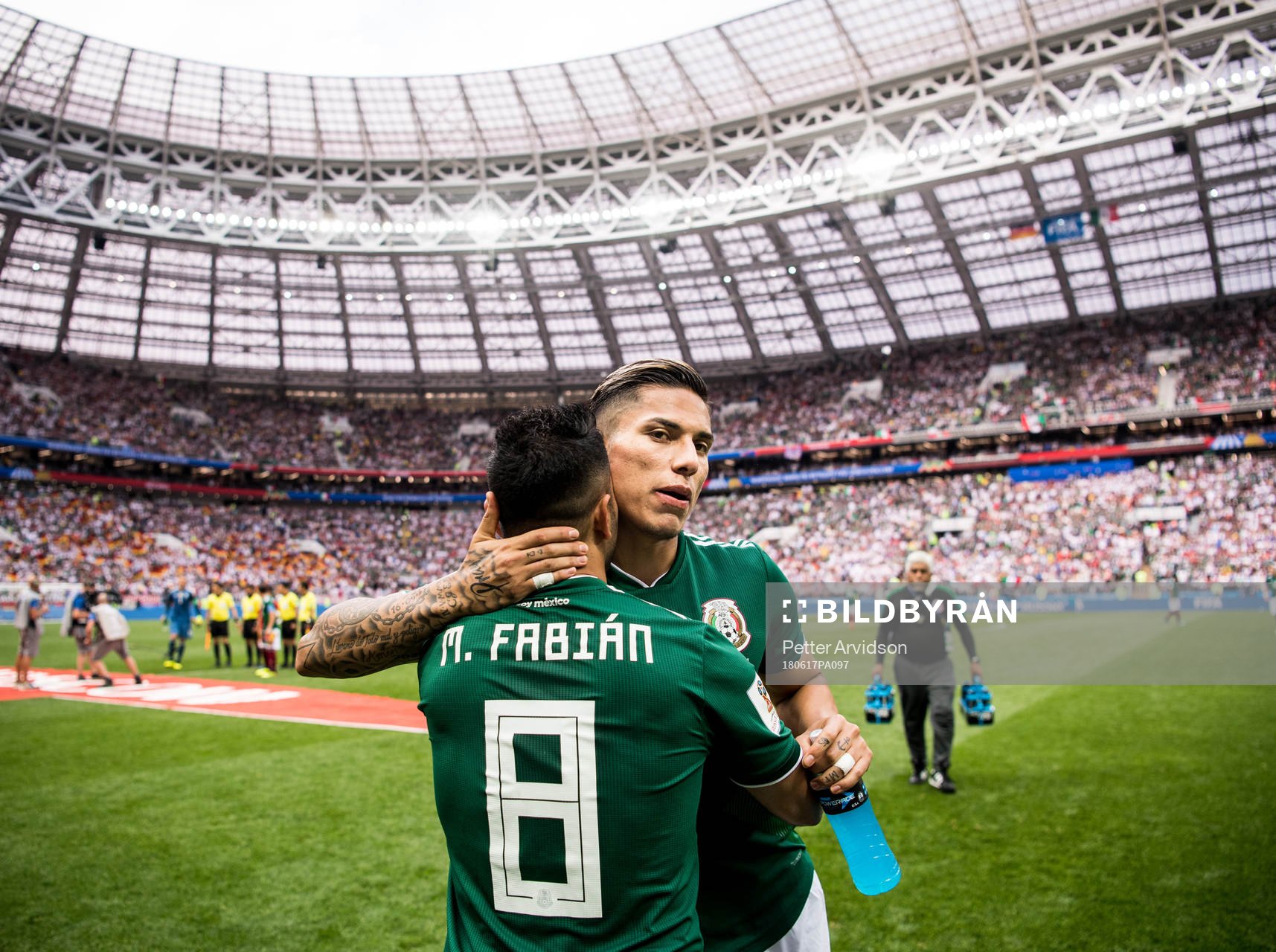 Carlos Salcedo and Marco Fabian of Mexico prior the FIFA World Cup group stage match between Germany and Mexico on June 17, 2018 in Moscow.