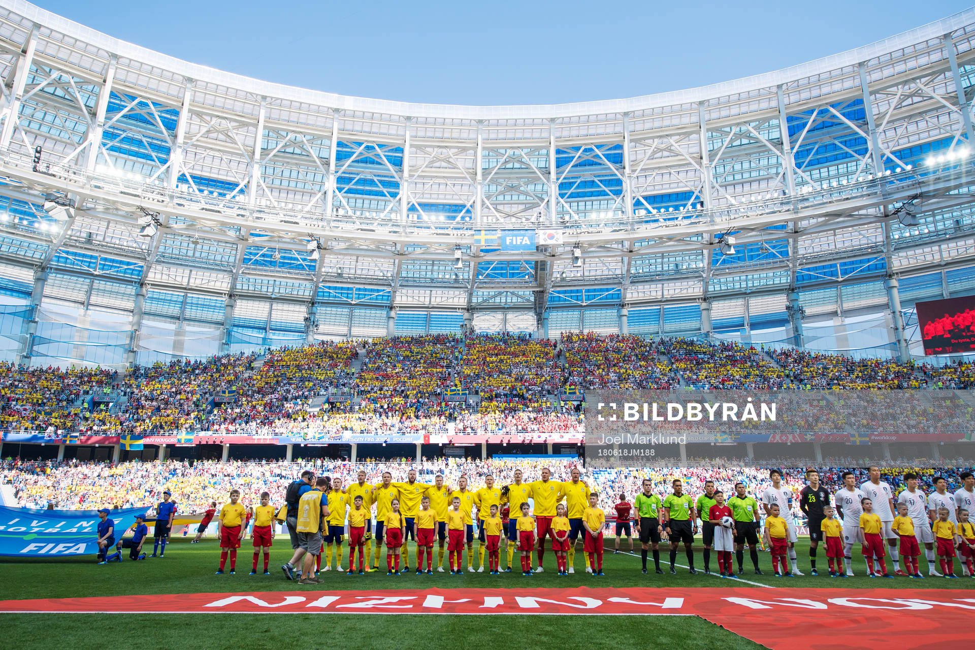 Players of team Sweden and South Korea are lined up