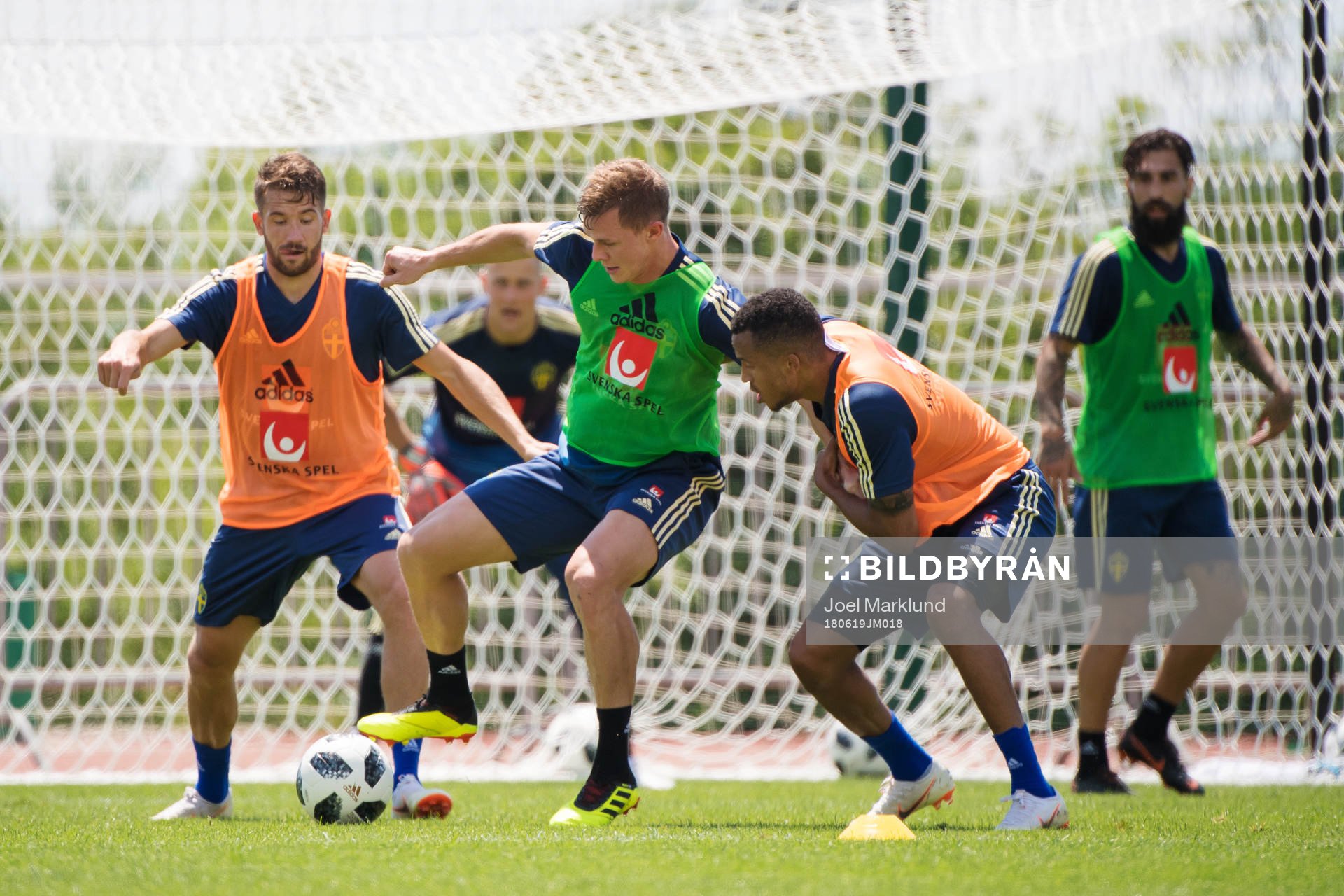 Marcus Rohdén, Emil Krafth and Martin Olsson of the Swedish national football team at a practice session during the FIFA World Cup on June 19, 2018 in Gelendzhik.