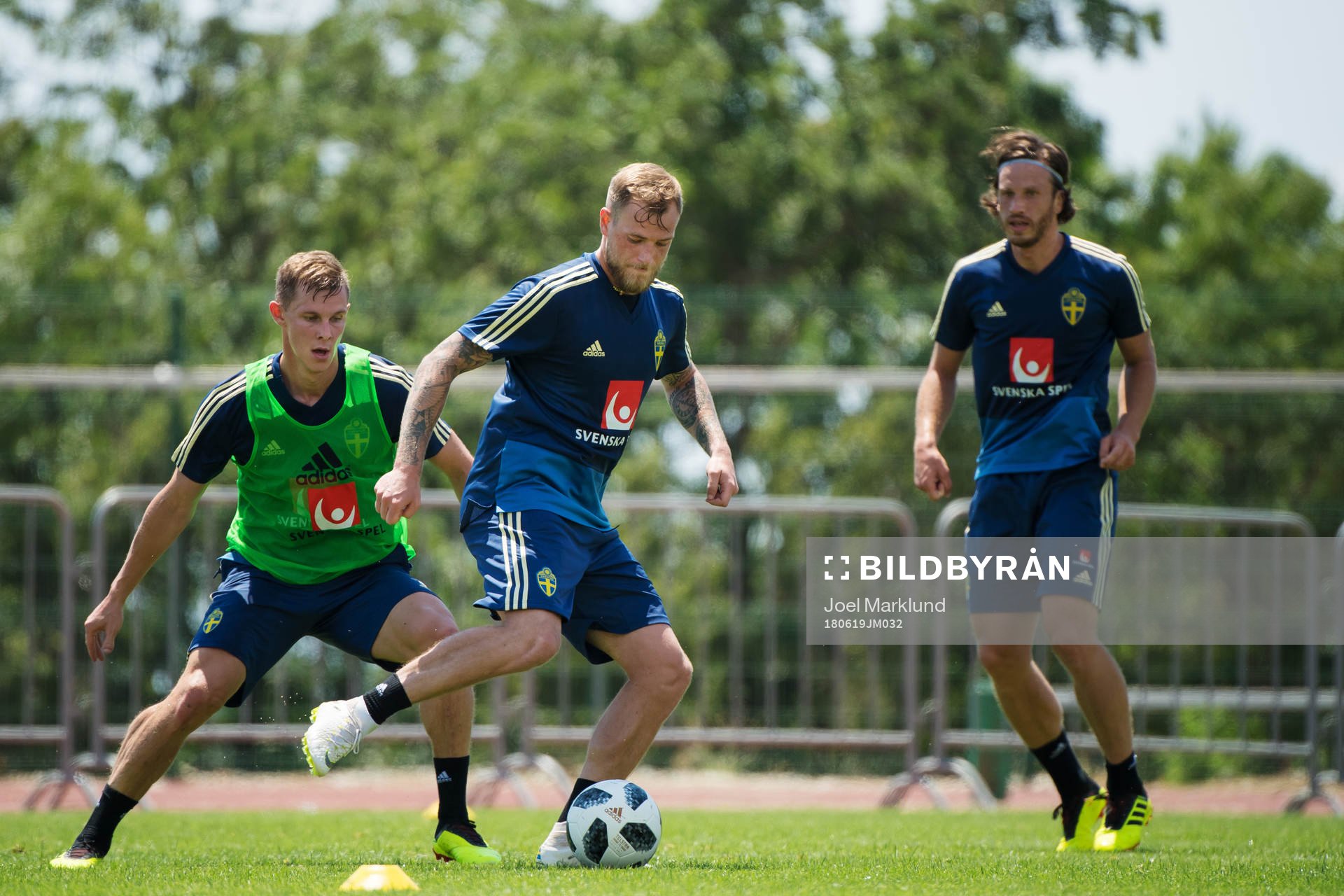 Emil Krafth, John Guidetti and Gustav Svensson of the Swedish national football team at a practice session during the FIFA World Cup on June 19, 2018 in Gelendzhik.