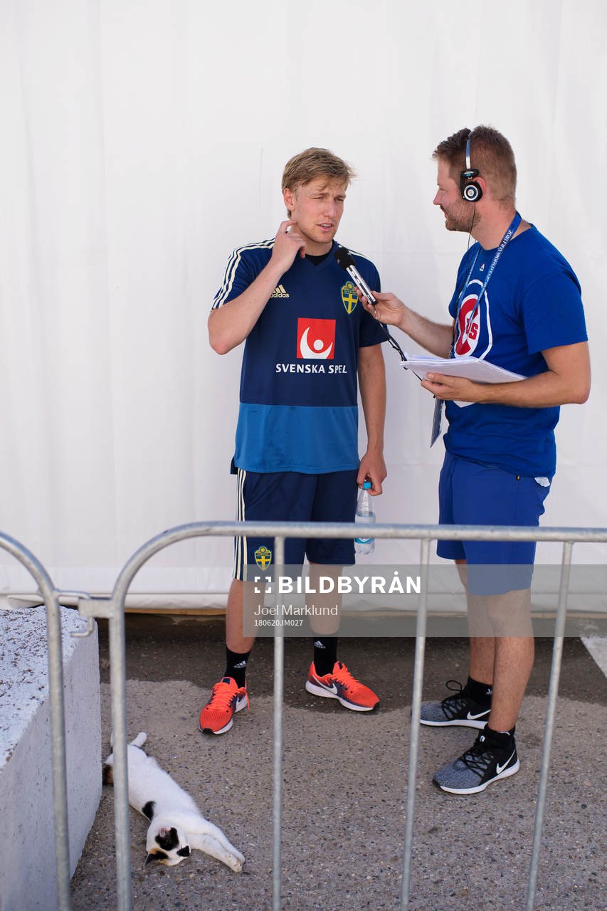 A cat lies in front of Emil Forsberg of the Swedish