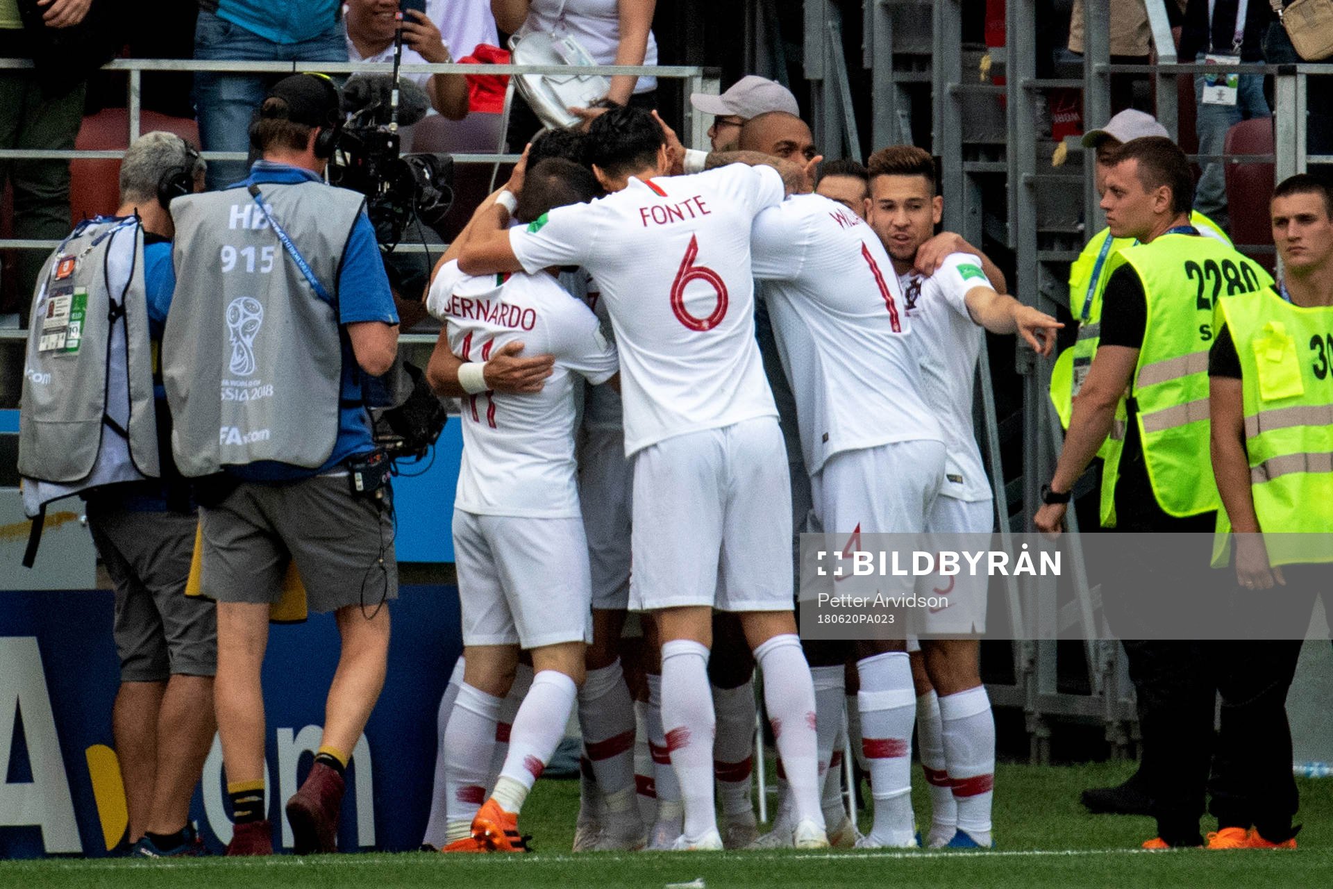 Cristiano Ronaldo of Portugal celebrates with his teammates after scoring 1-0 during the FIFA World Cup group stage match between Portugal and Morocco on June 20, 2018 in Moscow.