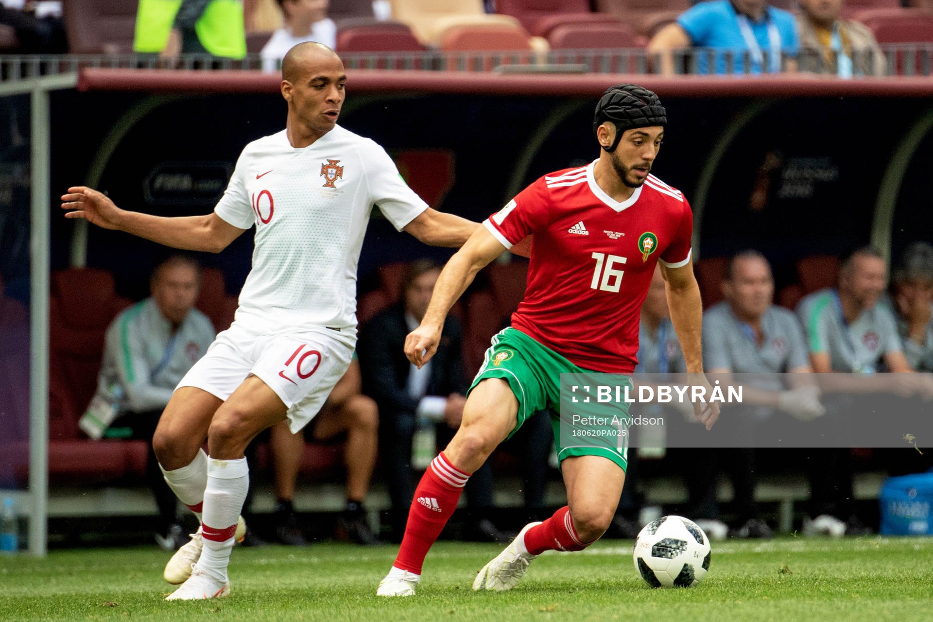 Joao Mario of Portugal and Noureddine Amrabat of Morocco during the FIFA World Cup group stage match between Portugal and Morocco on June 20, 2018 in Moscow.