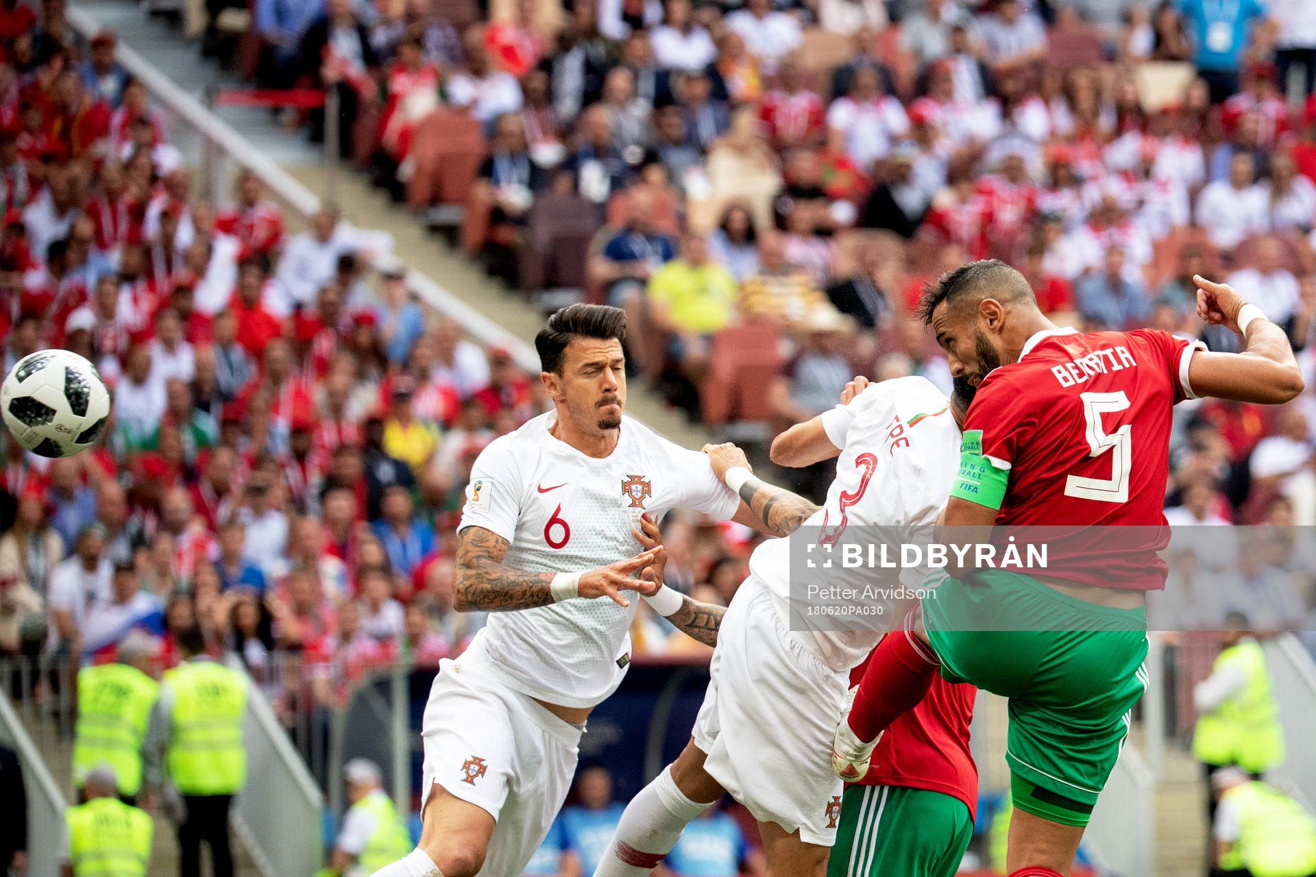 Mehdi Benatia of Morocco and Pepe of Portugal during the FIFA World Cup group stage match between Portugal and Morocco on June 20, 2018 in Moscow.