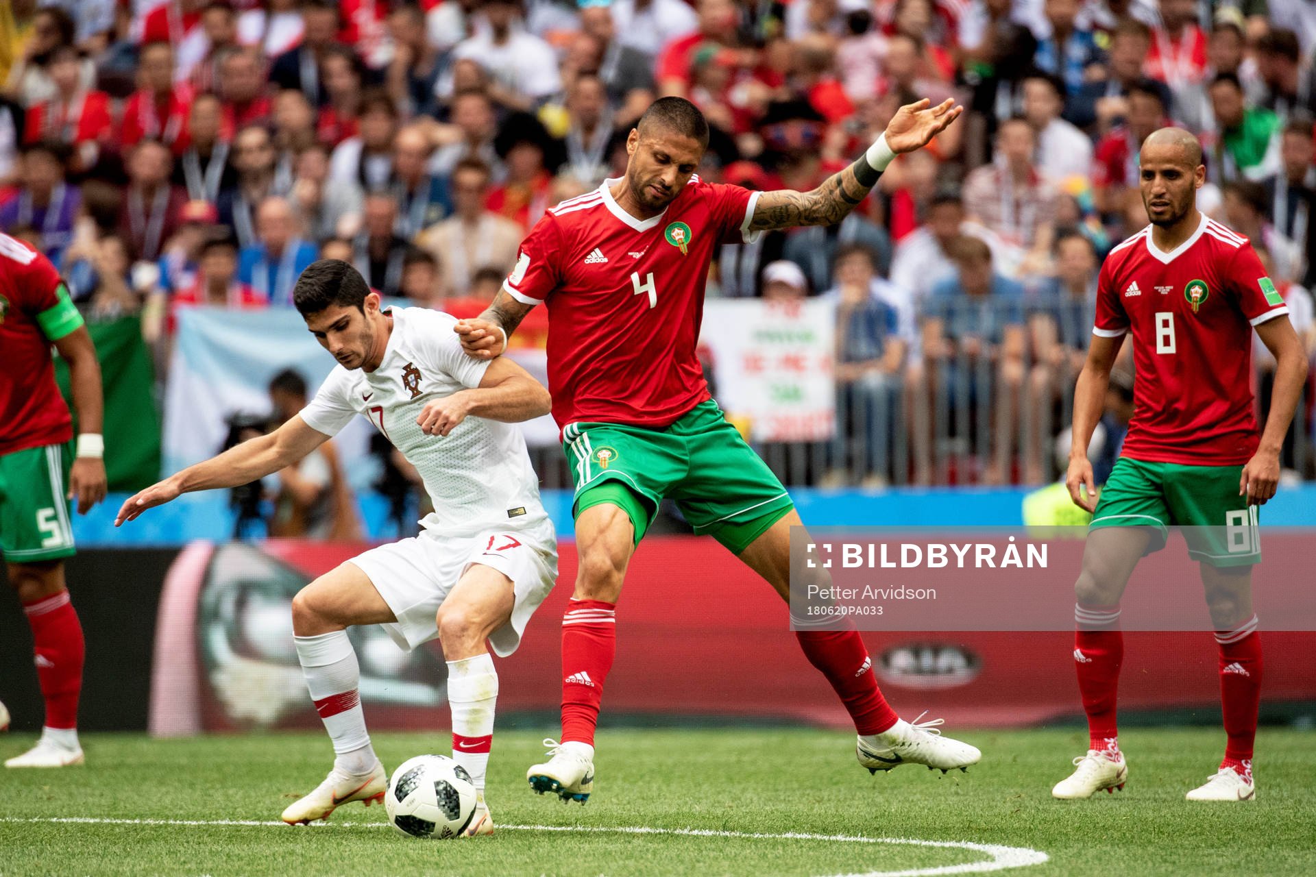 Goncalo Guedes of Portugal and Manuel Da Costa of Morocco during the FIFA World Cup group stage match between Portugal and Morocco on June 20, 2018 in Moscow.