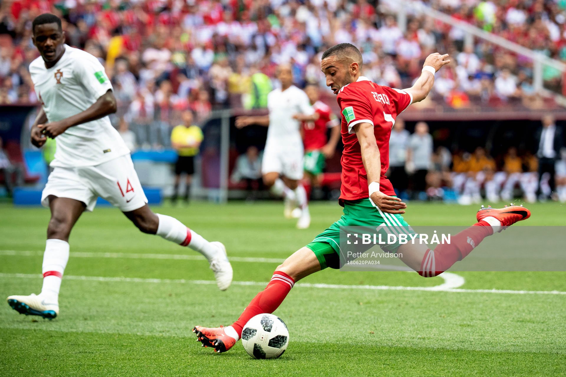 Hakim Ziyach of Morocco during the FIFA World Cup group stage match between Portugal and Morocco on June 20, 2018 in Moscow.