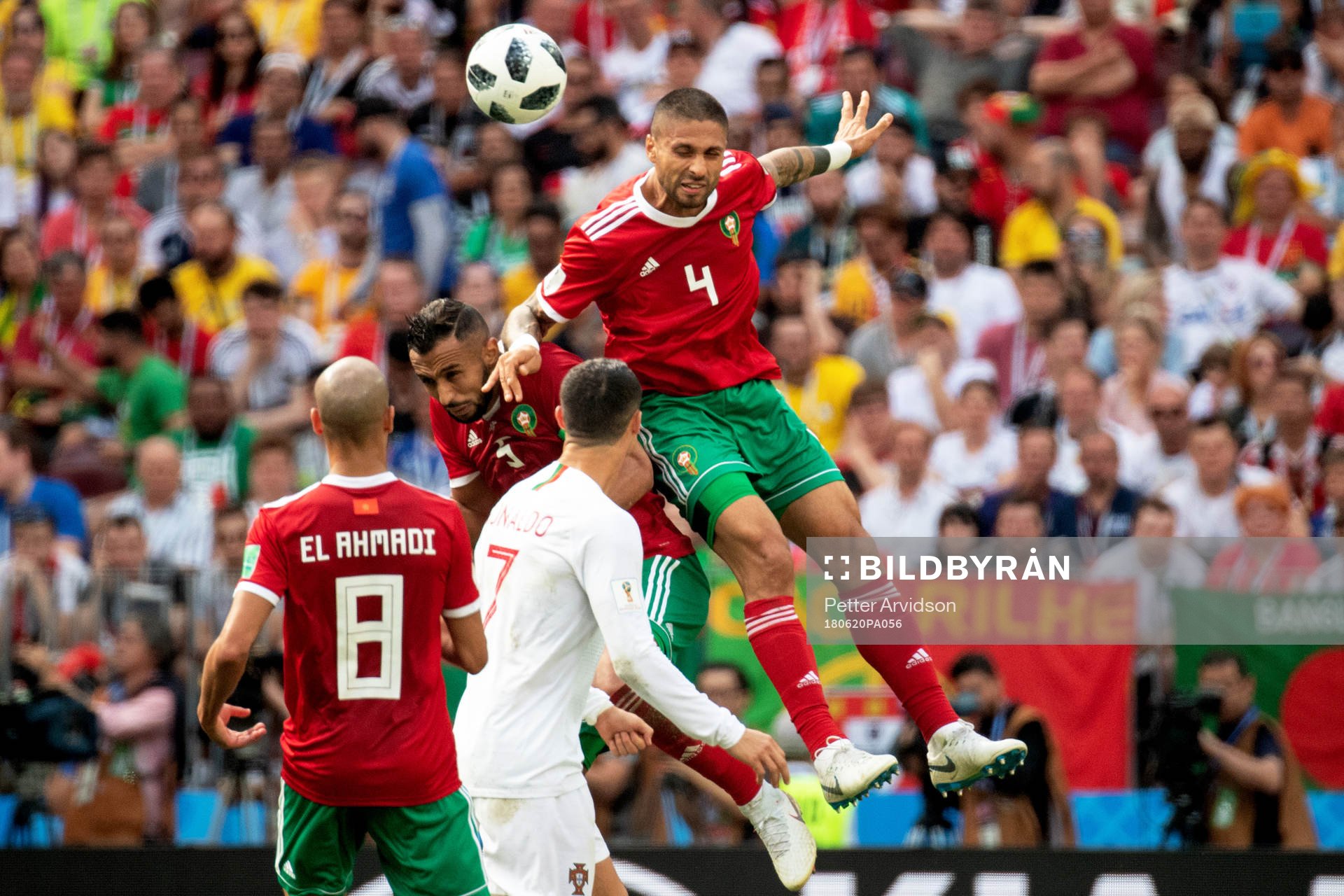 Manuel Da Costa and Mehdi Benatia of Morocco during the FIFA World Cup group stage match between Portugal and Morocco on June 20, 2018 in Moscow.