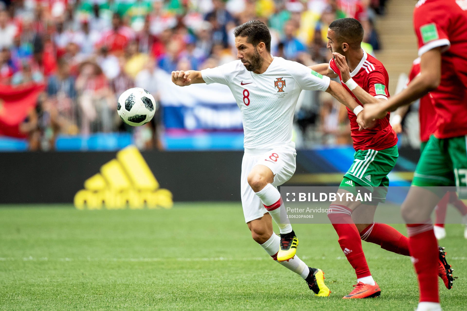 Joao Moutinho of Portugal and Hakim Ziyach of Morocco during the FIFA World Cup group stage match between Portugal and Morocco on June 20, 2018 in Moscow.