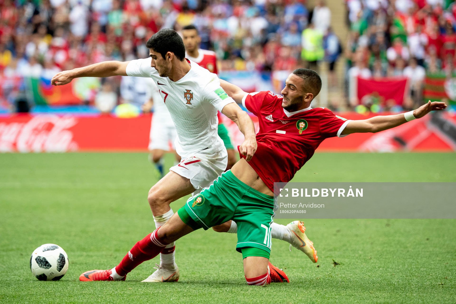Goncalo Guedes of Portugal and Hakim Ziyach of Morocco during the FIFA World Cup group stage match between Portugal and Morocco on June 20, 2018 in Moscow.