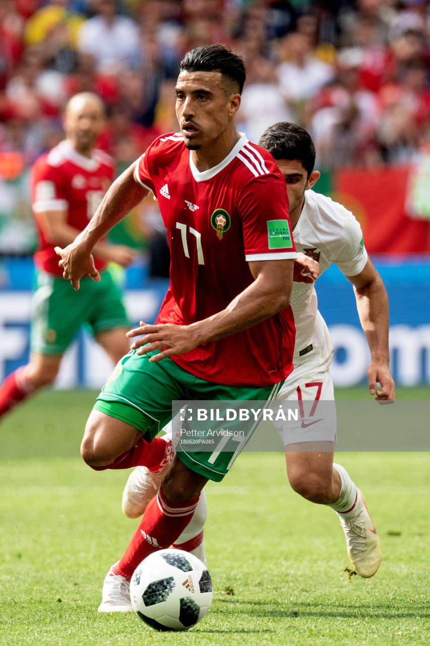 Goncalo Guedes of Portugal and Nabil Dirar of Morocco during the FIFA World Cup group stage match between Portugal and Morocco on June 20, 2018 in Moscow.