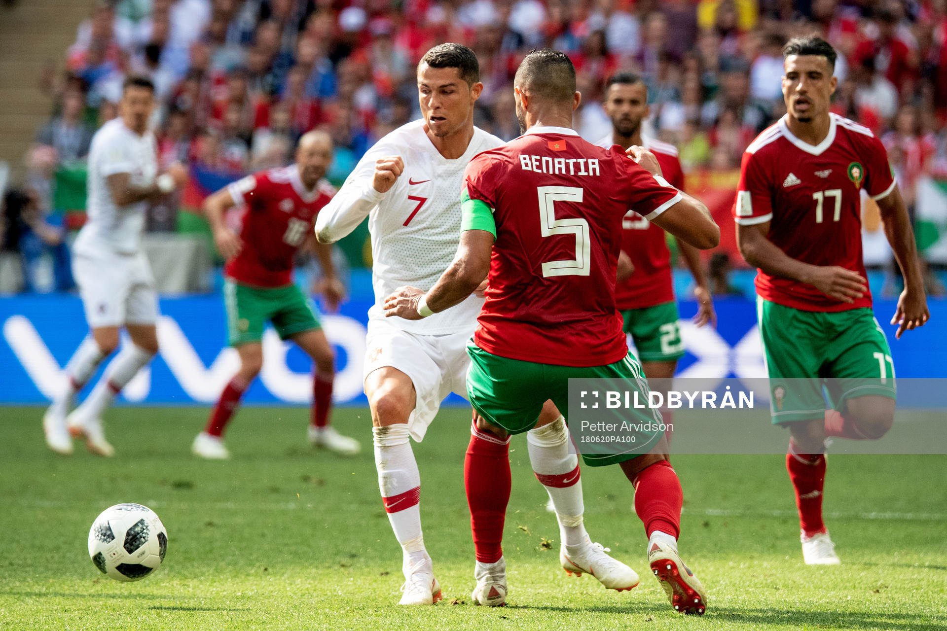 Cristiano Ronaldo of Portugal and Mehdi Benatia of Morocco during the FIFA World Cup group stage match between Portugal and Morocco on June 20, 2018 in Moscow.