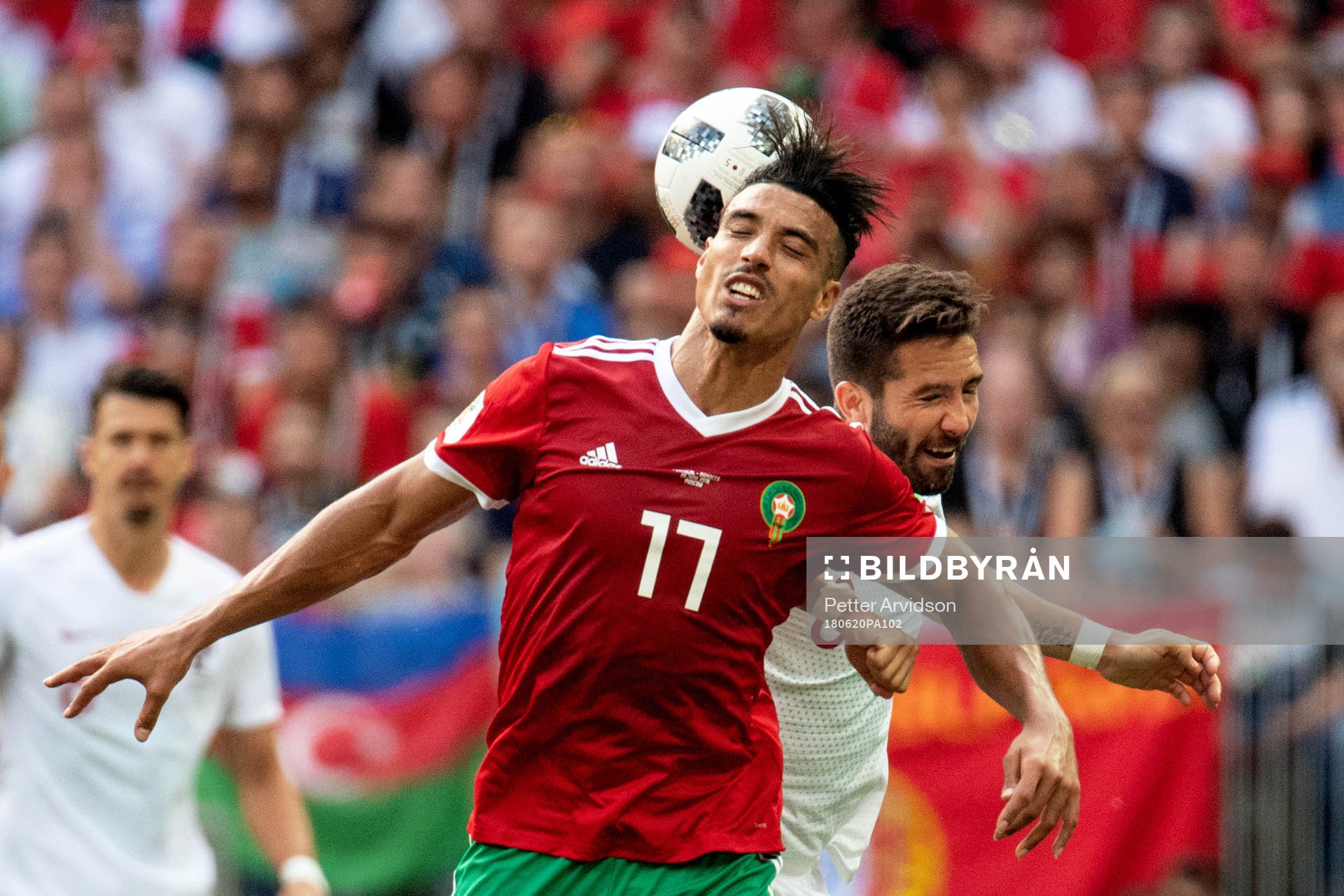 Nabil Dirar of Morocco and Joao Moutinho of Portugal during the FIFA World Cup group stage match between Portugal and Morocco on June 20, 2018 in Moscow.