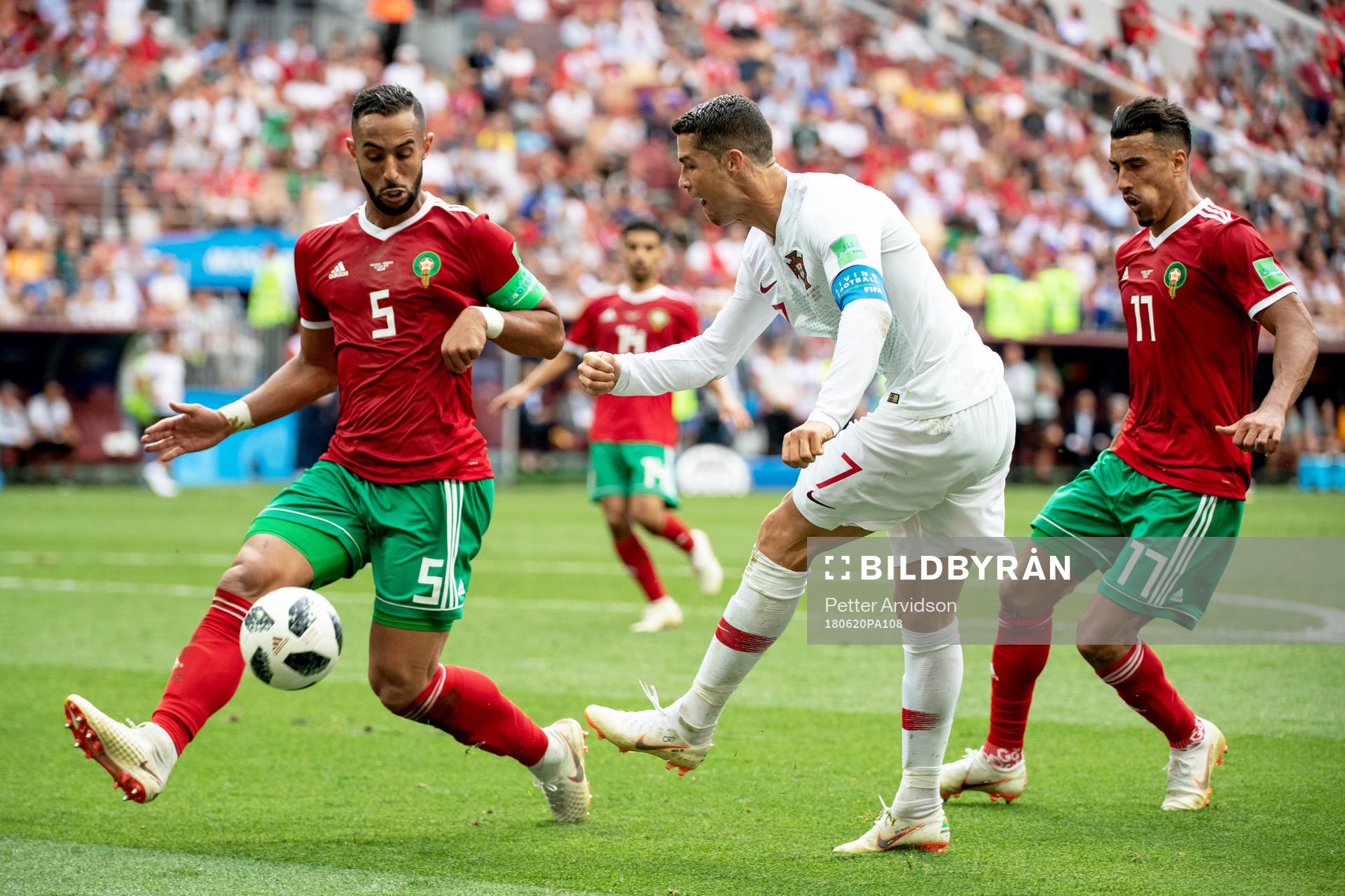 Cristiano Ronaldo of Portugal and Mehdi Benatia of Morocco during the FIFA World Cup group stage match between Portugal and Morocco on June 20, 2018 in Moscow.
