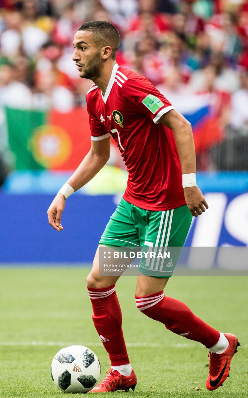 Hakim Ziyach of Morocco during the FIFA World Cup group stage match between Portugal and Morocco on June 20, 2018 in Moscow.