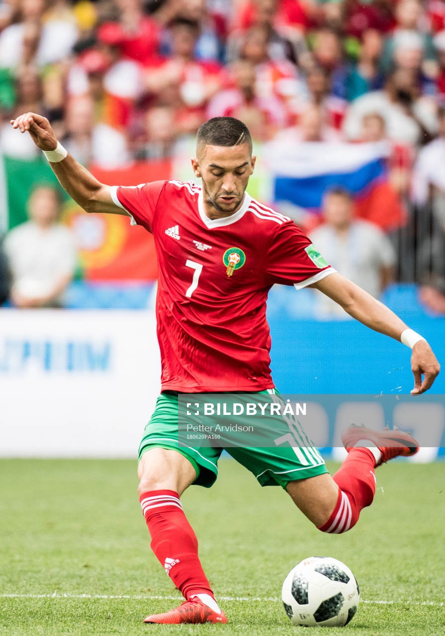 Hakim Ziyach of Morocco during the FIFA World Cup group stage match between Portugal and Morocco on June 20, 2018 in Moscow.