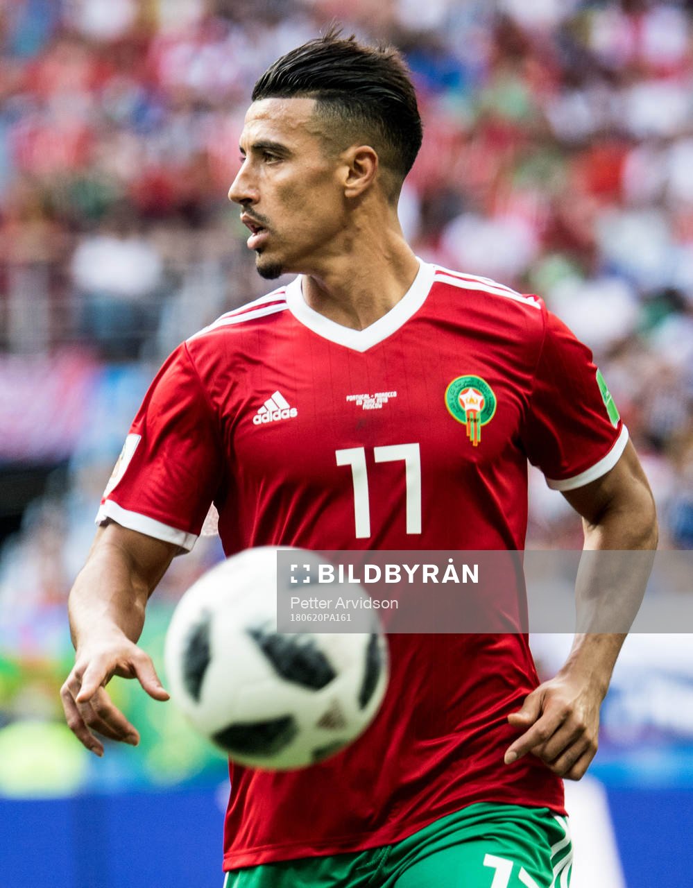 Nabil Dirar of Morocco during the FIFA World Cup group stage match between Portugal and Morocco on June 20, 2018 in Moscow.