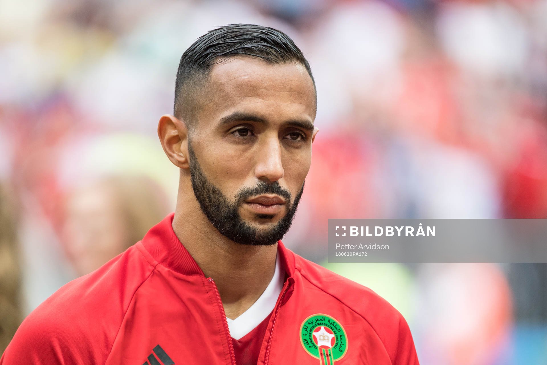 Mehdi Benatia of Morocco during lineup prior the FIFA World Cup group stage match between Portugal and Morocco on June 20, 2018 in Moscow.