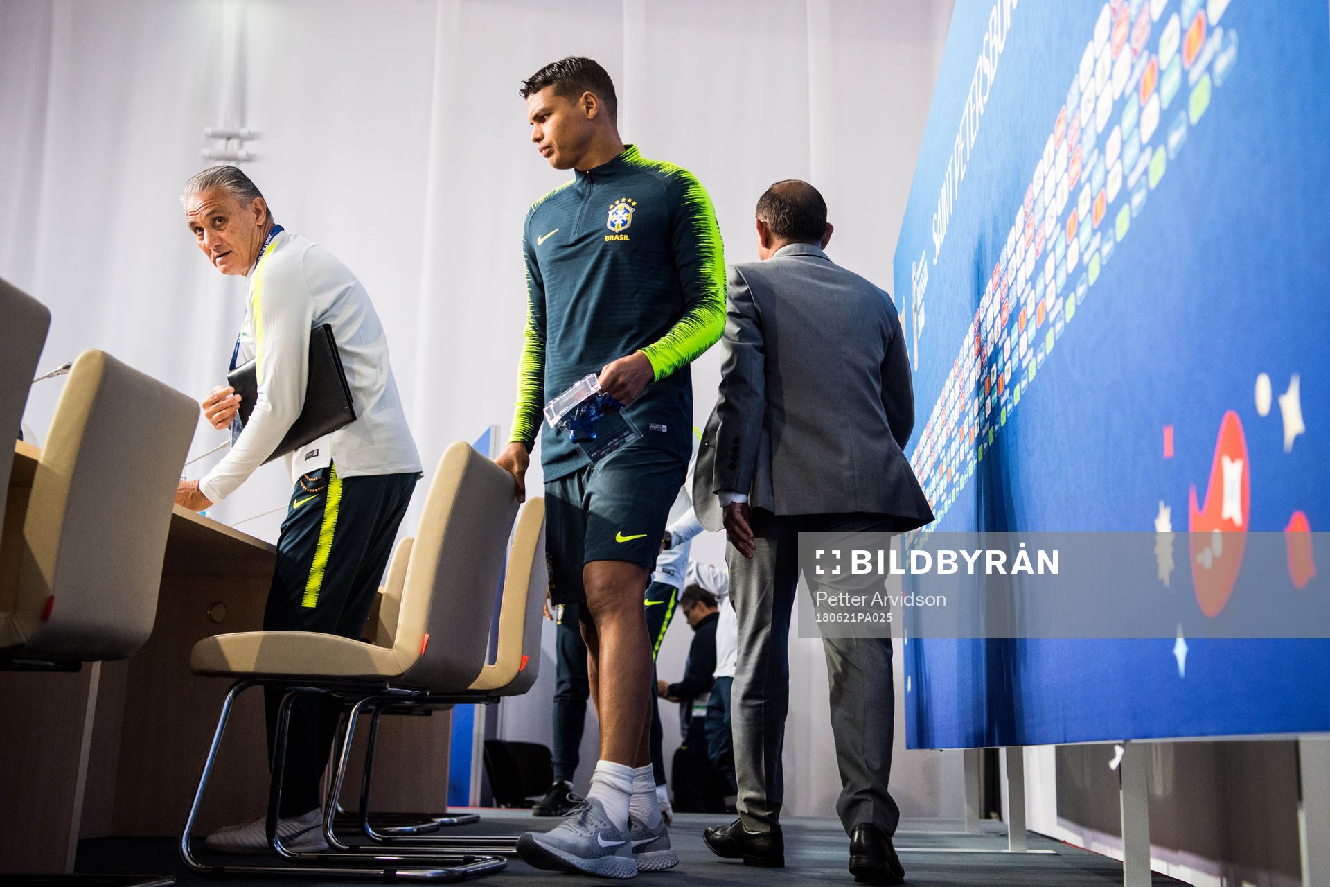 Head coach Tite and Thiago Silva of Brazil arrives to a