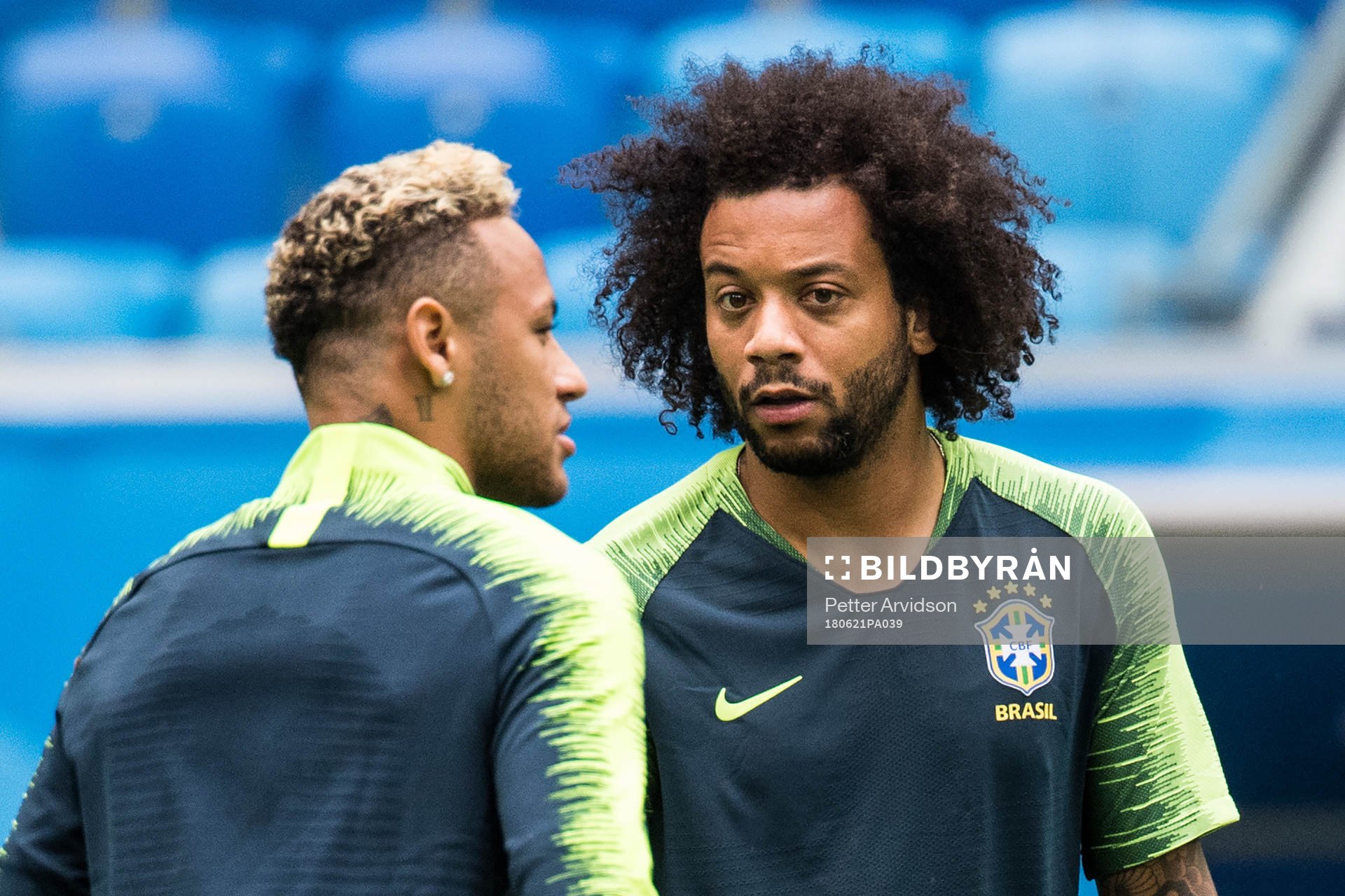 Neymar and Marcelo of Brazil during a practice session during the FIFA World Cup on June 21, 2018 in Sankt Petersburg.