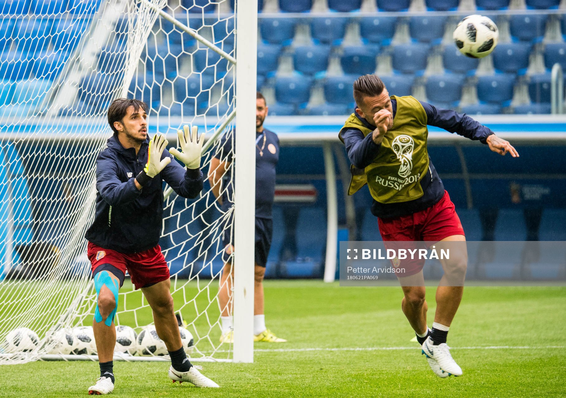 Bryan Ruiz (L) of Costa Rica during a practice session during the FIFA World Cup on June 21, 2018 in Sankt Petersburg.